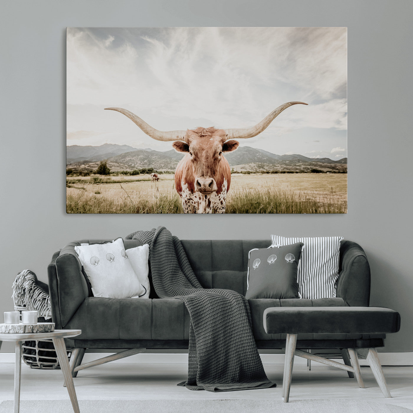 80054319-MGV-CV-36X24-Texas Longhorn Wall Art Canvas Print – Framed Western Cow Scene with Rustic Farmhouse Artwork for Home, Office