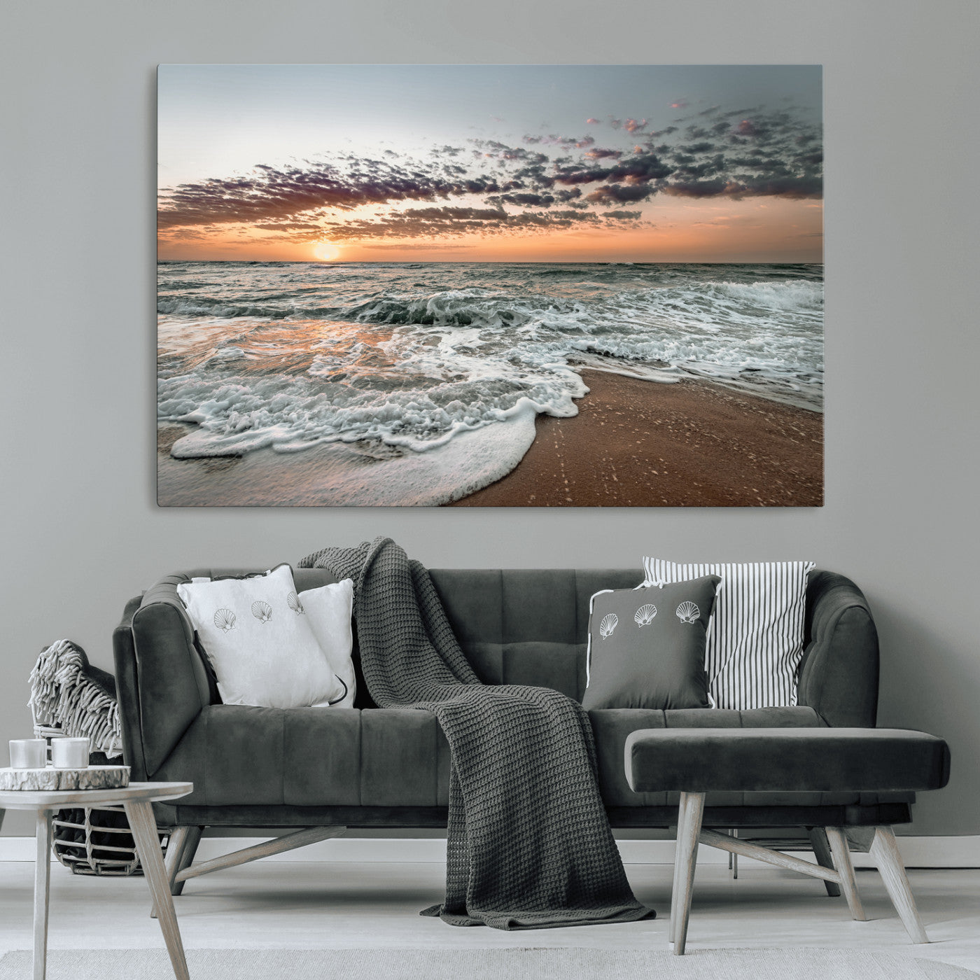 40632752-MGV-CV-36X24-Ocean Sunset Wall Art Canvas Print – Framed Beach Waves Scene with Coastal Artwork for Home, Office, Living Room