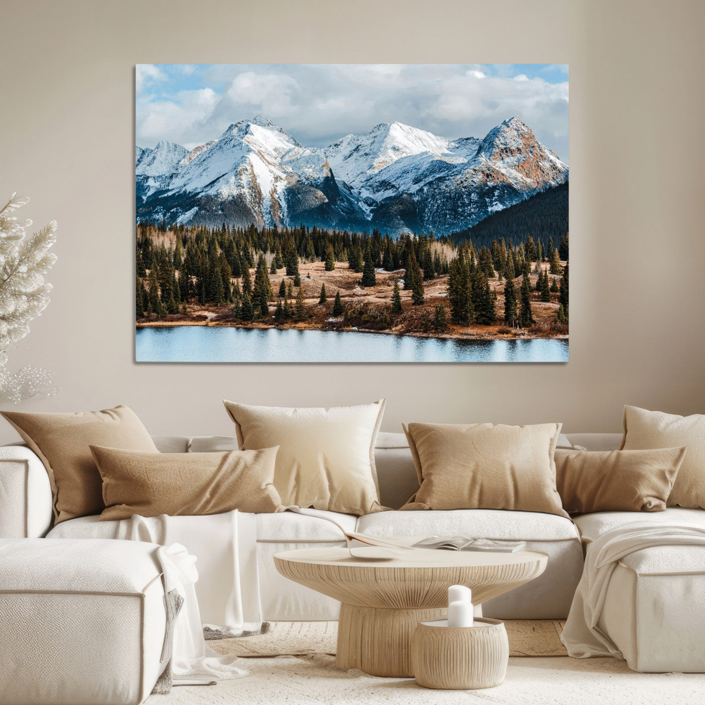 -Snowy Peaks Wall Art Canvas Print, Framed Alpine Lake Art Picture Print, Pine Forest Perfect Alpine