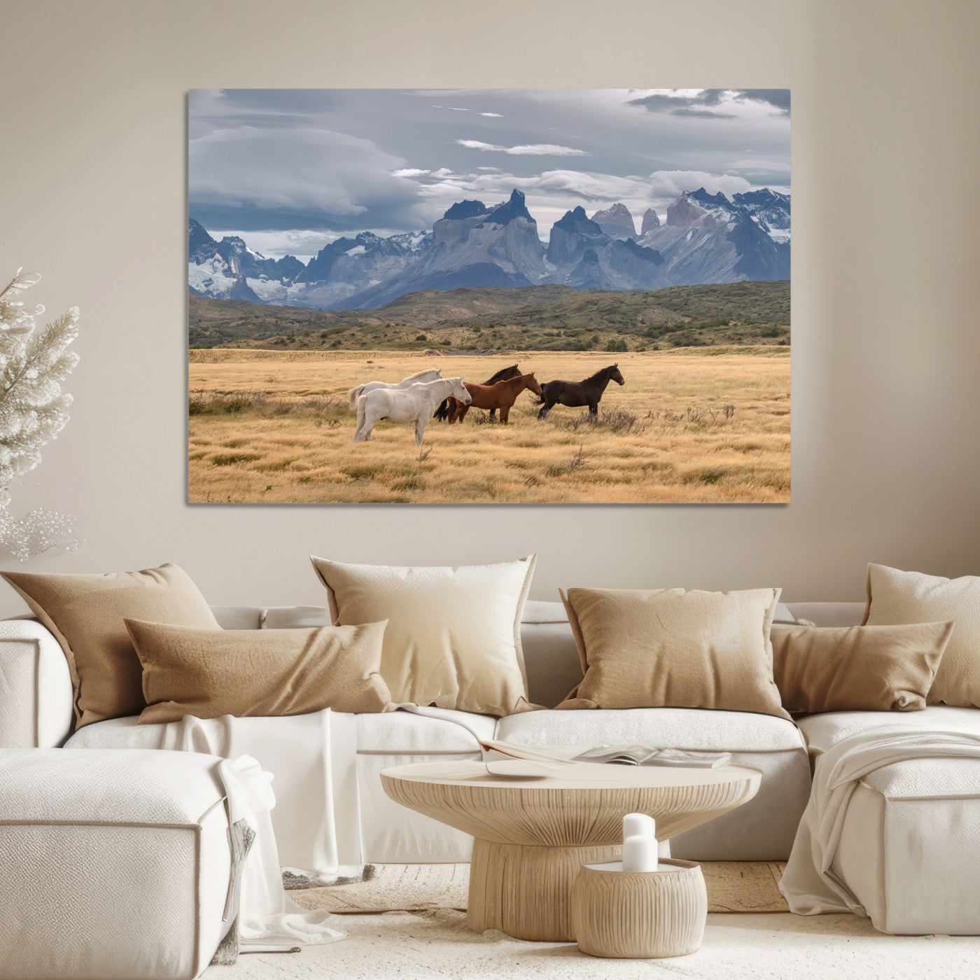 69960232-MGV-CV-36X24-Horses Grazing Wall Art Canvas Print – Framed Mountain Field Scenic Landscape Cloudy Sky Nature Artwork for Home Office
