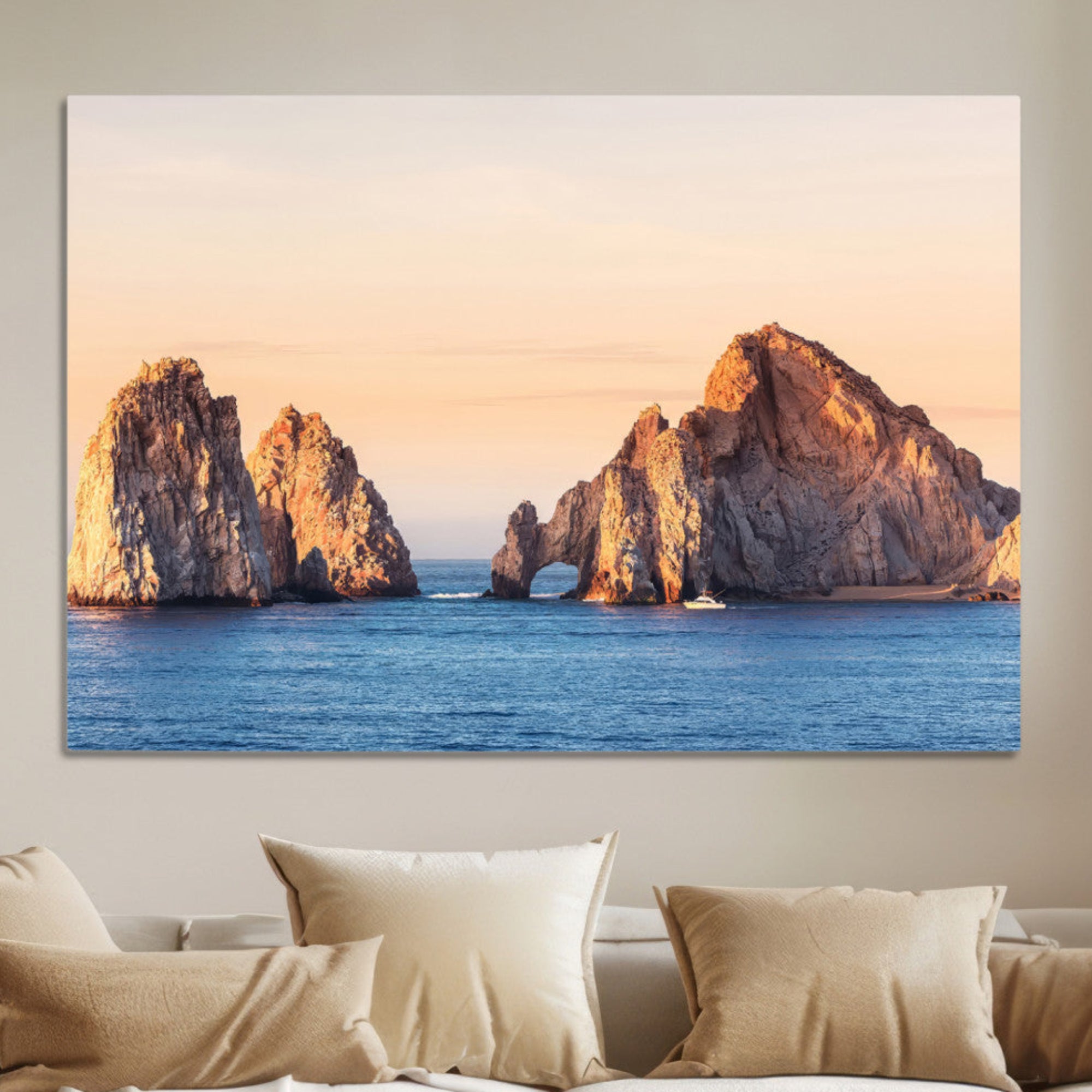 72996116-MGV-CV-36X24-El Arco Wall Art Canvas Print – Framed Cabo San Lucas Ocean Arch Golden Rock Coastal Landscape Artwork for Home Office