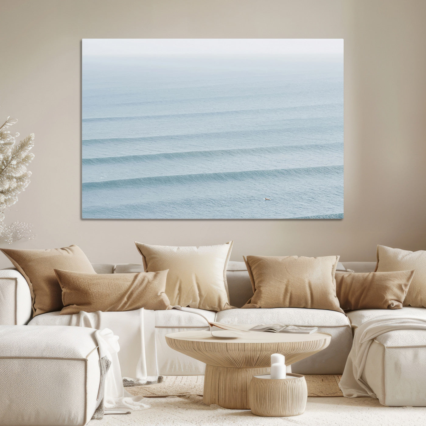 -Ocean Waves Wall Art Canvas Print, Framed Solo Surfer Art Picture Print, Wave Lines Perfect