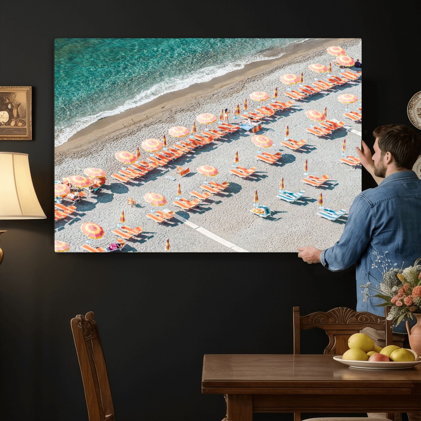 27805351-MGV-CV-36X24 - Beach Umbrellas Wall Art – Orange Loungers & Turquoise Water Canvas Print, Sandy Shore and Summer Vibes