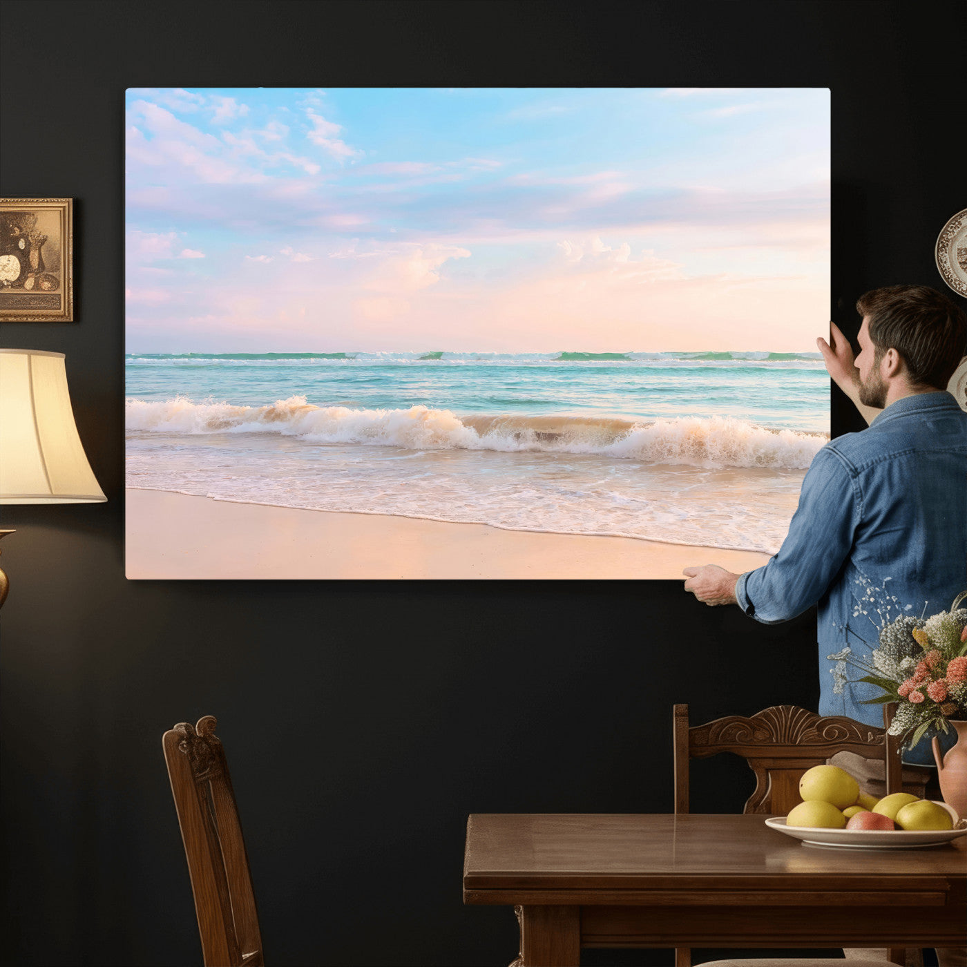 74679437-MGV-CV-36X24 - Serene Waves Wall Art – Golden Shore & Soft Pastel Sky Canvas Print, Gentle Ocean and Peaceful Sunset for Living Room or Office