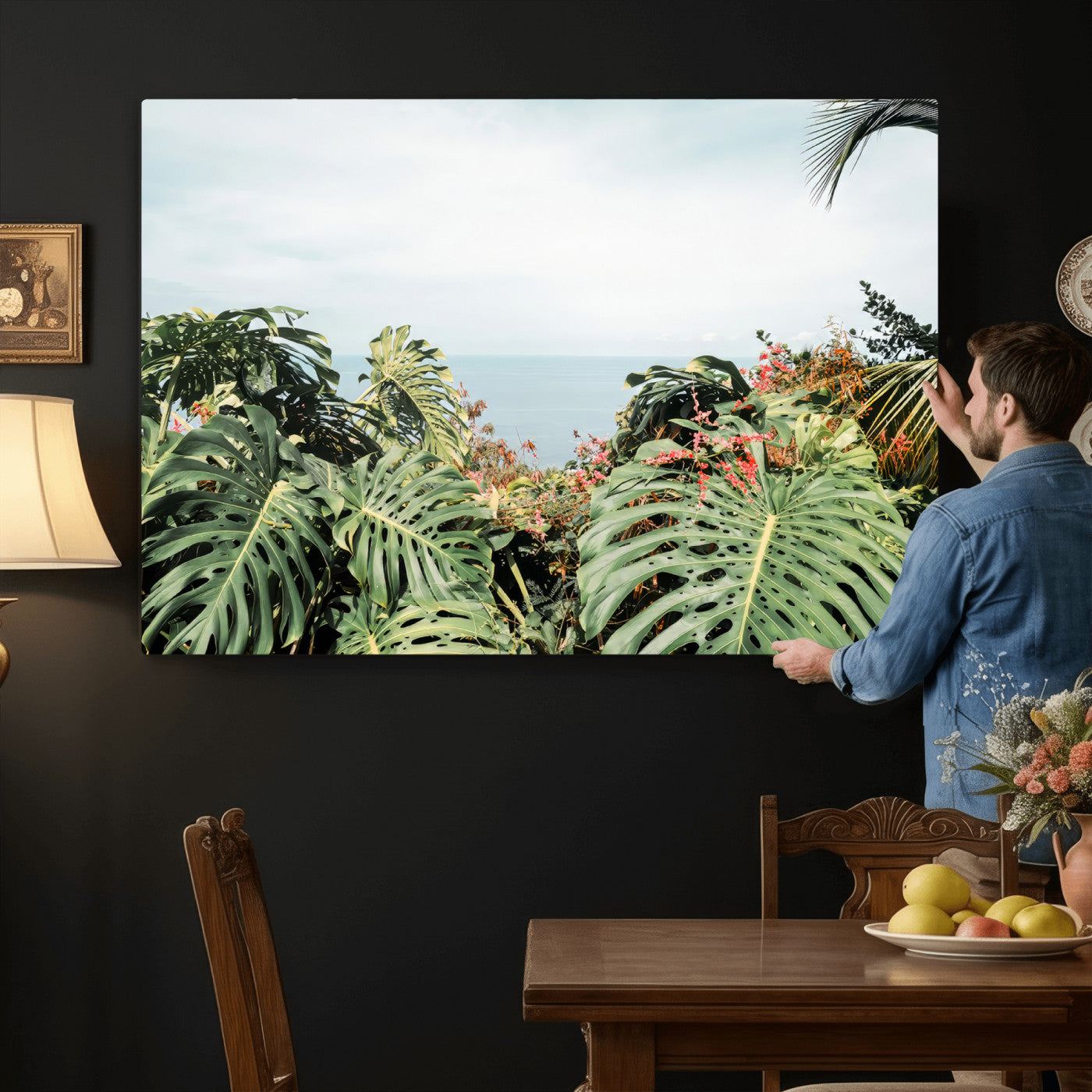 45700479-MGV-CV-36X24 - Tropical Greenery Wall Art – Exotic Leaves & Ocean View Canvas Print, Sunlit Paradise and Vibrant Nature for Living Room or Coastal Decor