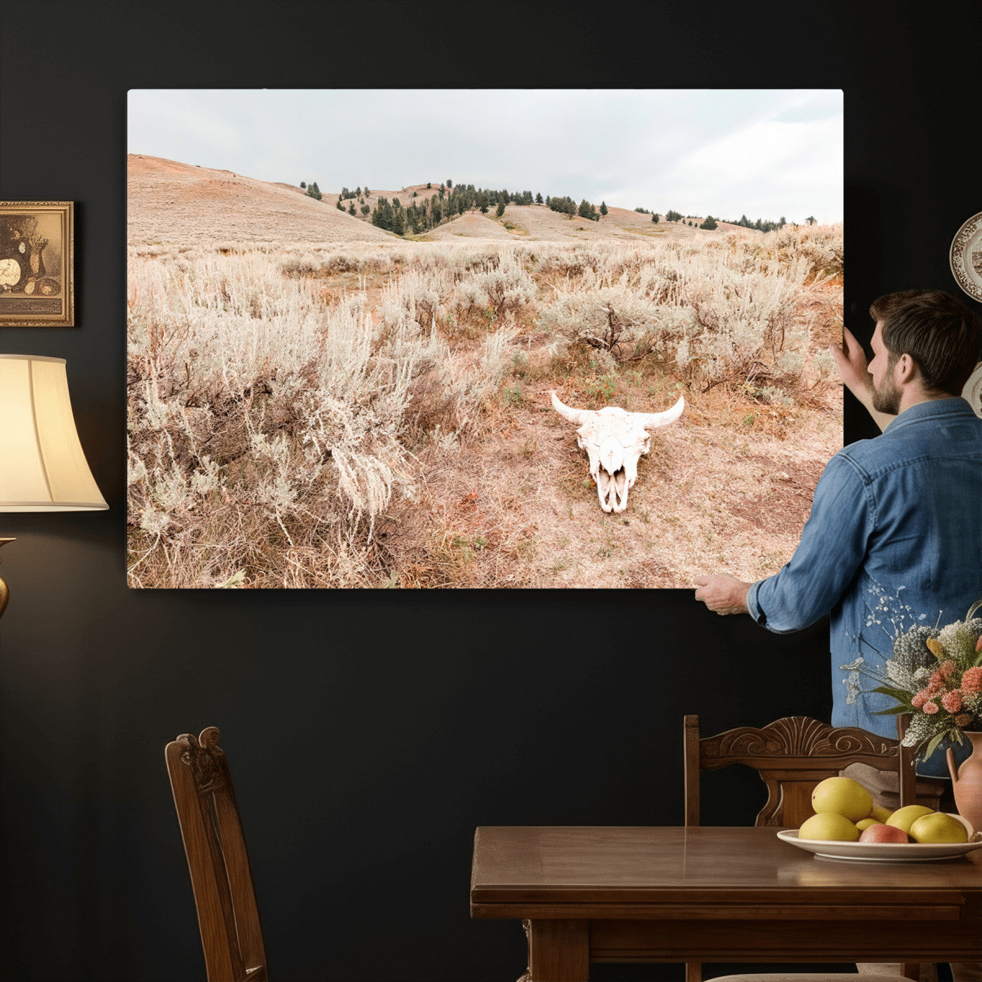 97234735-MGV-CV-36X24 - Desert Skull Wall Art – Arid Landscape & Sagebrush Canvas Print, Rustic Nature and Earth Tones for Living Room or Minimalist Decor