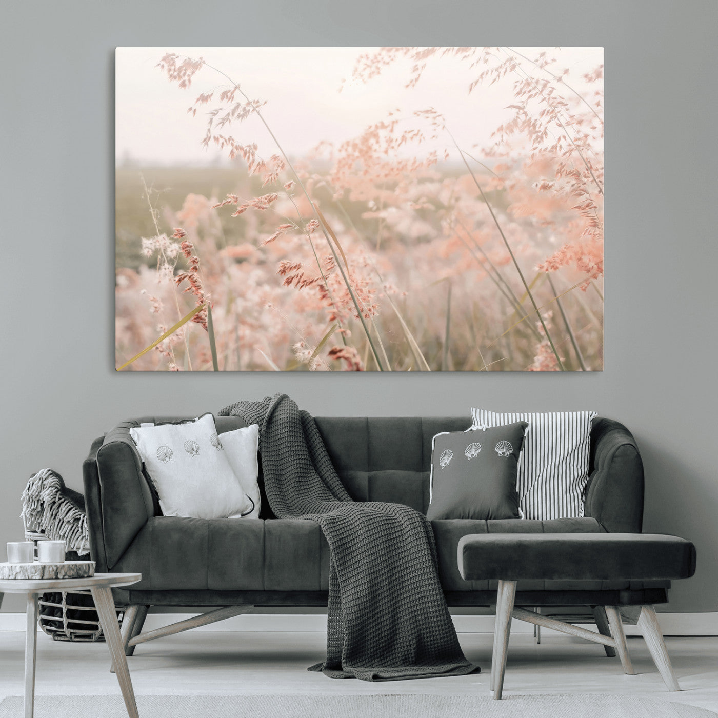 -Pastel Grasses Wall Art Canvas Print, Framed Soft Meadow Art Picture Print, Field in Breeze Perfect Soft Pastel Minimal Decor Artwork