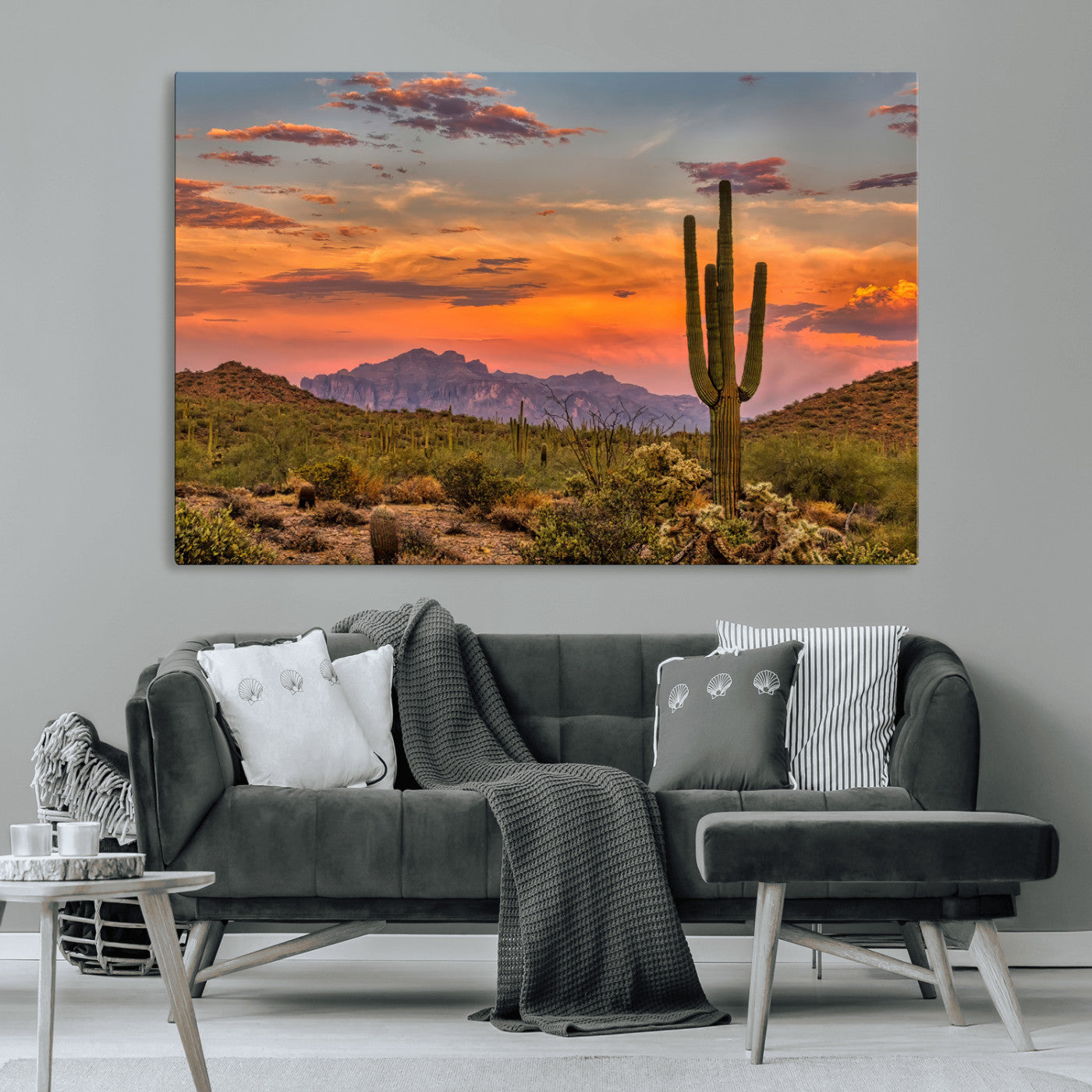 -Saguaro Cactus Wall Art Canvas Print, Framed Arizona Sunset Art Picture Print, Sonoran Desert Perfect Southwestern Boho Decor Artwork