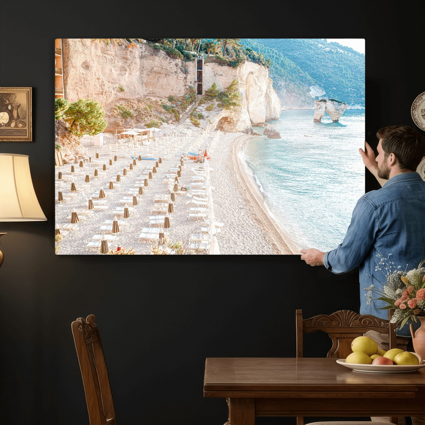 84816639-MGV-CV-36X24 - Sunny Beach Wall Art – Chairs & Umbrellas Canvas Print, Clear Water, Rocky Cliffs, Coastal Calm for Living Room or Vacation Home Decor