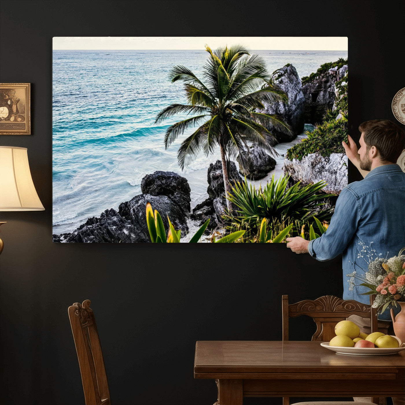 94669907-MGV-CV-36X24 - Tropical Palm Wall Art – Coastal Rocks Canvas Print, Ocean Breeze, Sandy Shore, Vibrant Green Foliage for Living Room or Beach House Decor