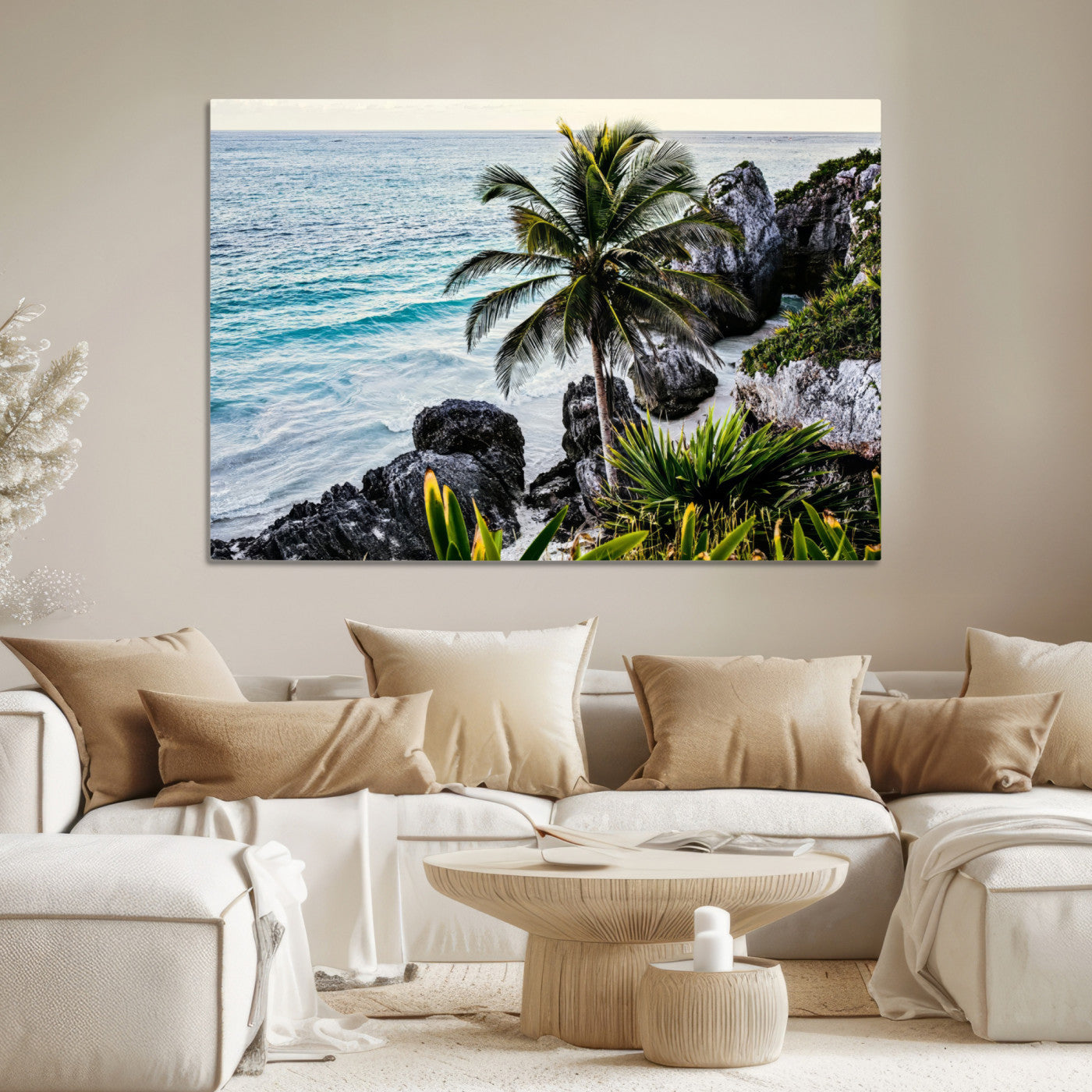 94669907-MGV-CV-36X24-Tropical Coastline Wall Art Canvas Print – Framed Palm Tree and Rocky Beach Scene Artwork for Home, Office Decor