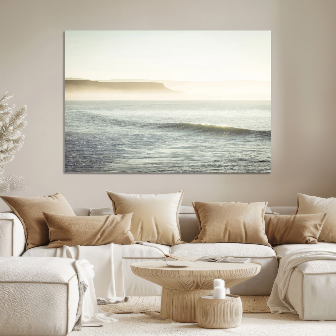 Coastal Cliffs Wall Art Canvas Print, Misty Ocean Seascape Framed Soft Morning Light