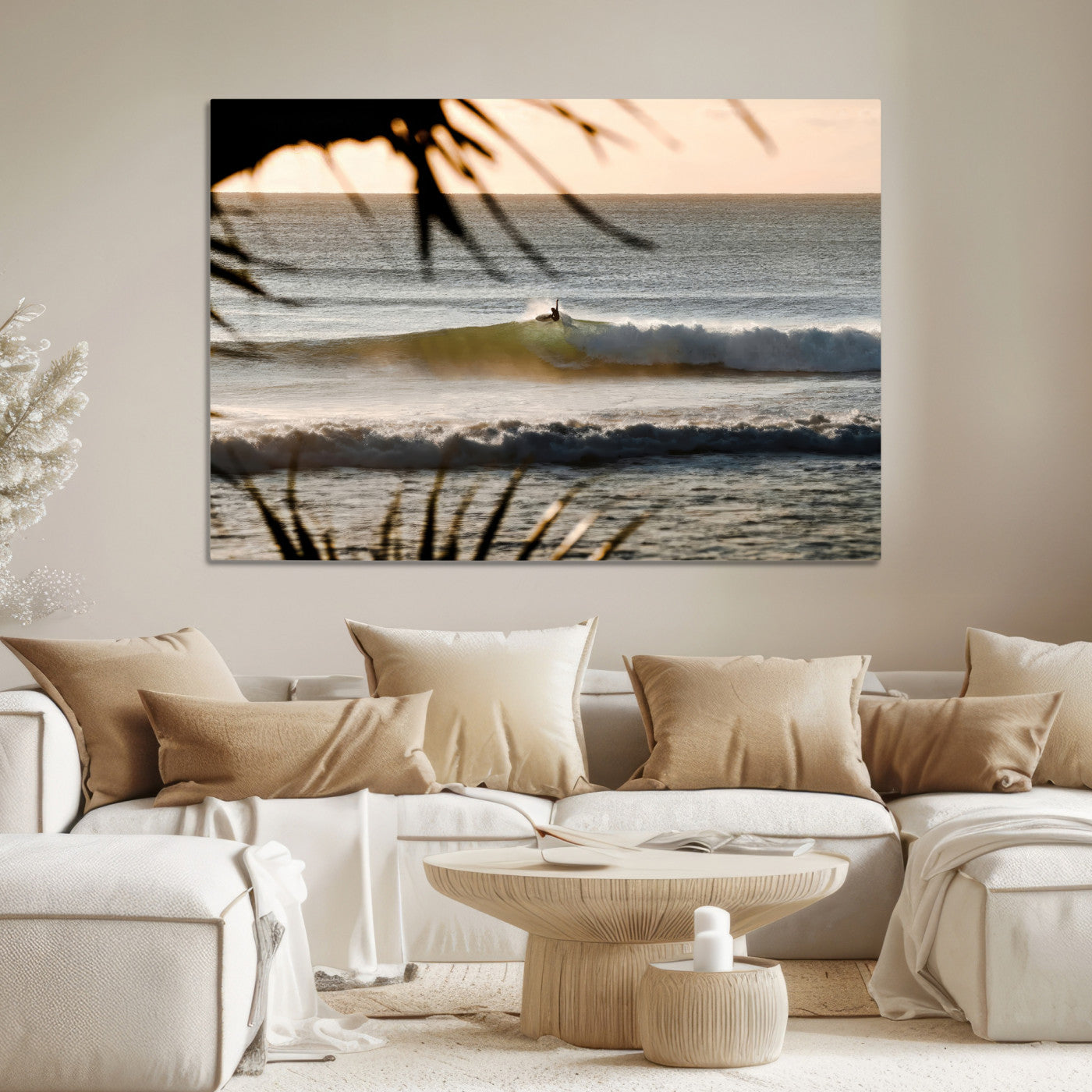 -Sunset Surf Wall Art Canvas Print, Framed Golden Hour Art Picture Print, Waves Perfect Boho Decor,