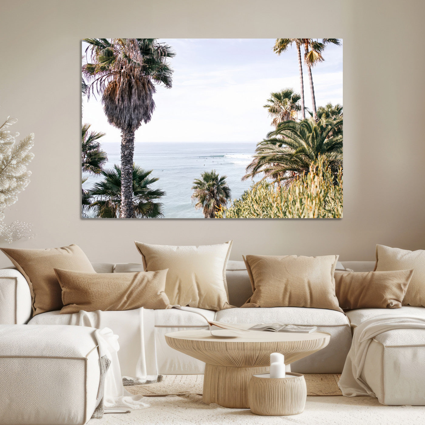 51404565-MGV-CV-36X24-Coastal Palm Trees Wall Art Canvas Print – Framed Ocean Breeze Tropical Scene Artwork for Relaxing Home, Office Decor