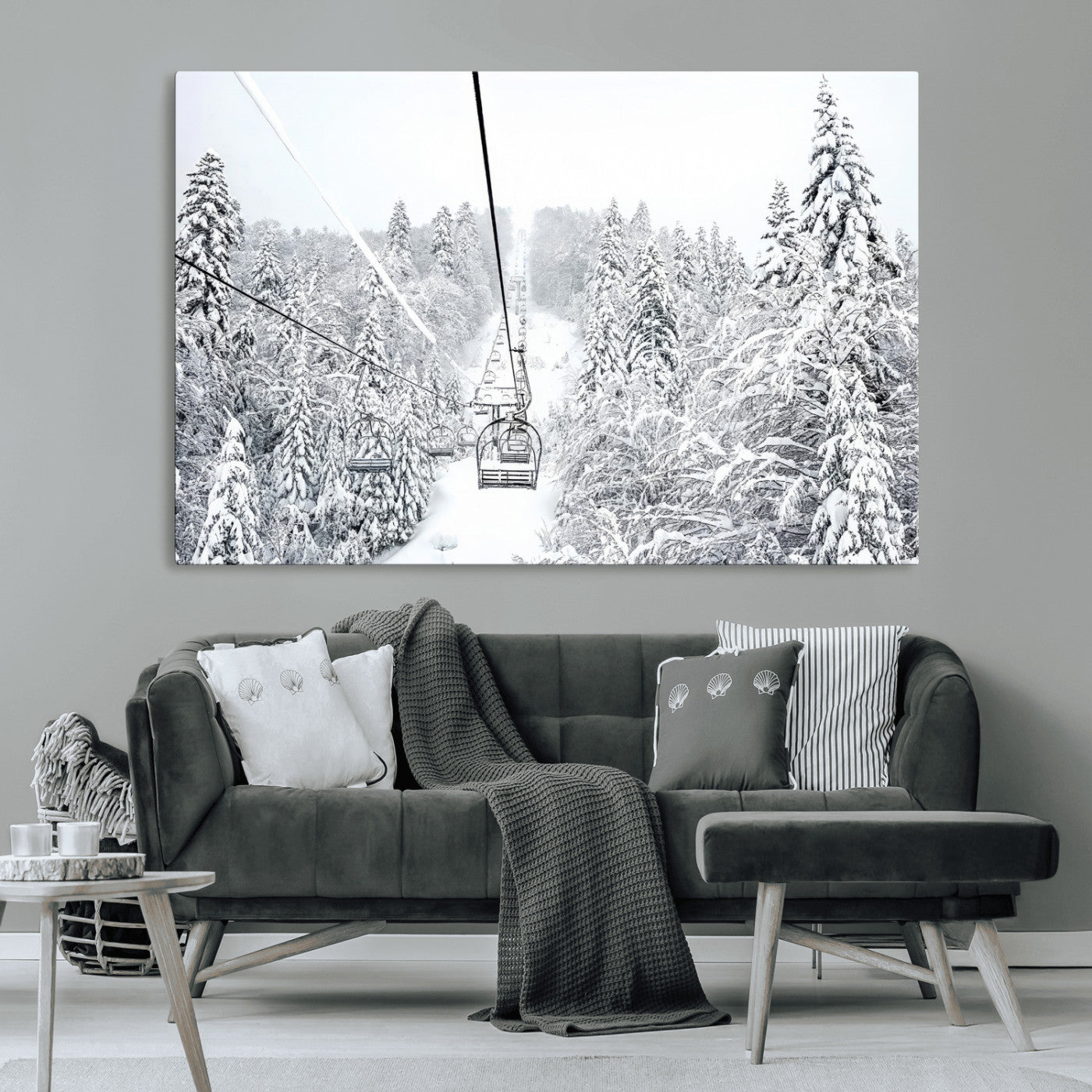 44705668-MGV-CV-36X24-Snowy Ski Lift Wall Art – Framed Winter Mountain Canvas Artwork, Serene Forest Design, Modern Nature Decor for Home, Office