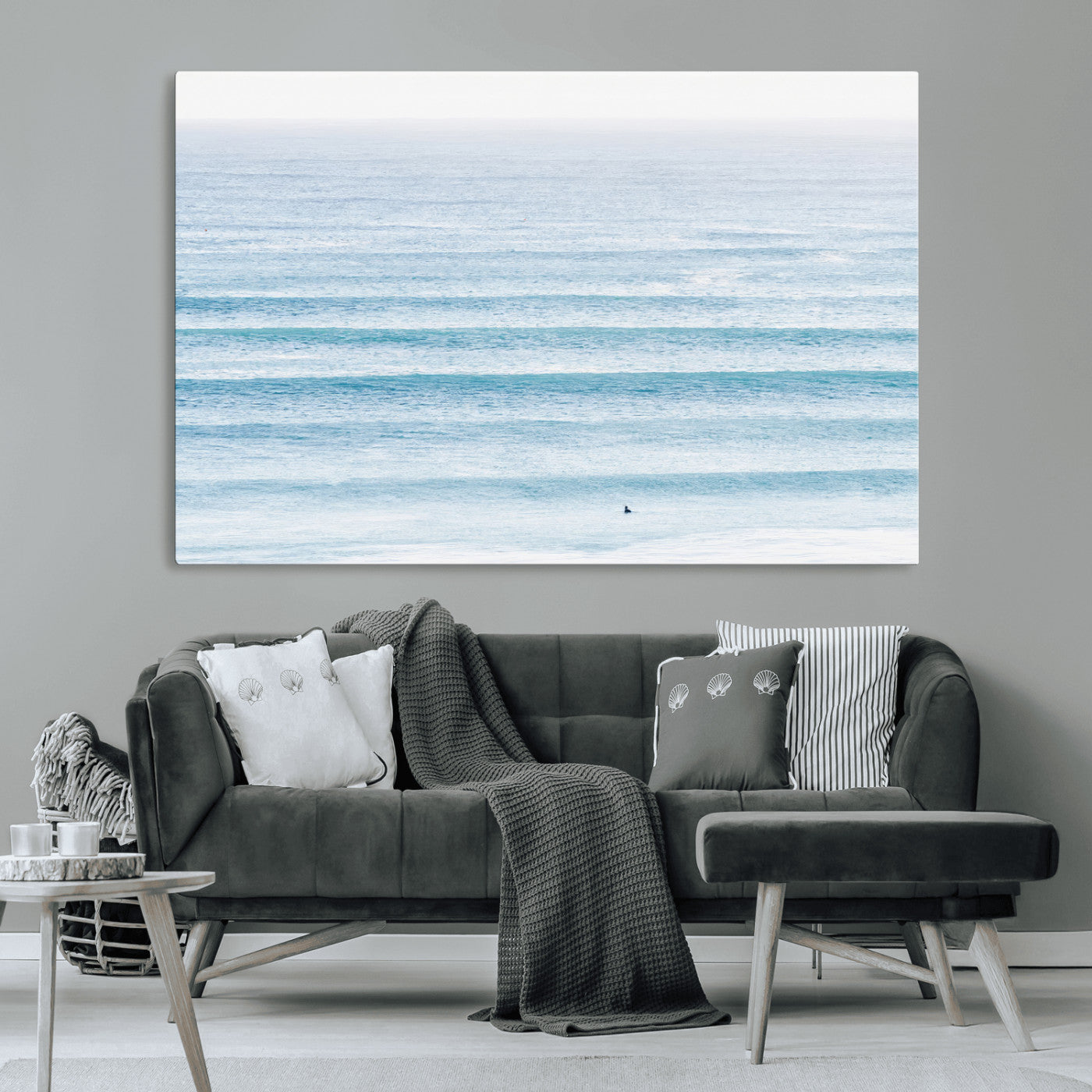 MGV-CV-36X24 - Ocean Simplicity Wall Art Canvas Print, Framed Surfer on Water Art Picture Print, Light Blue Perfect Coastal Minimalist Decor Artwork