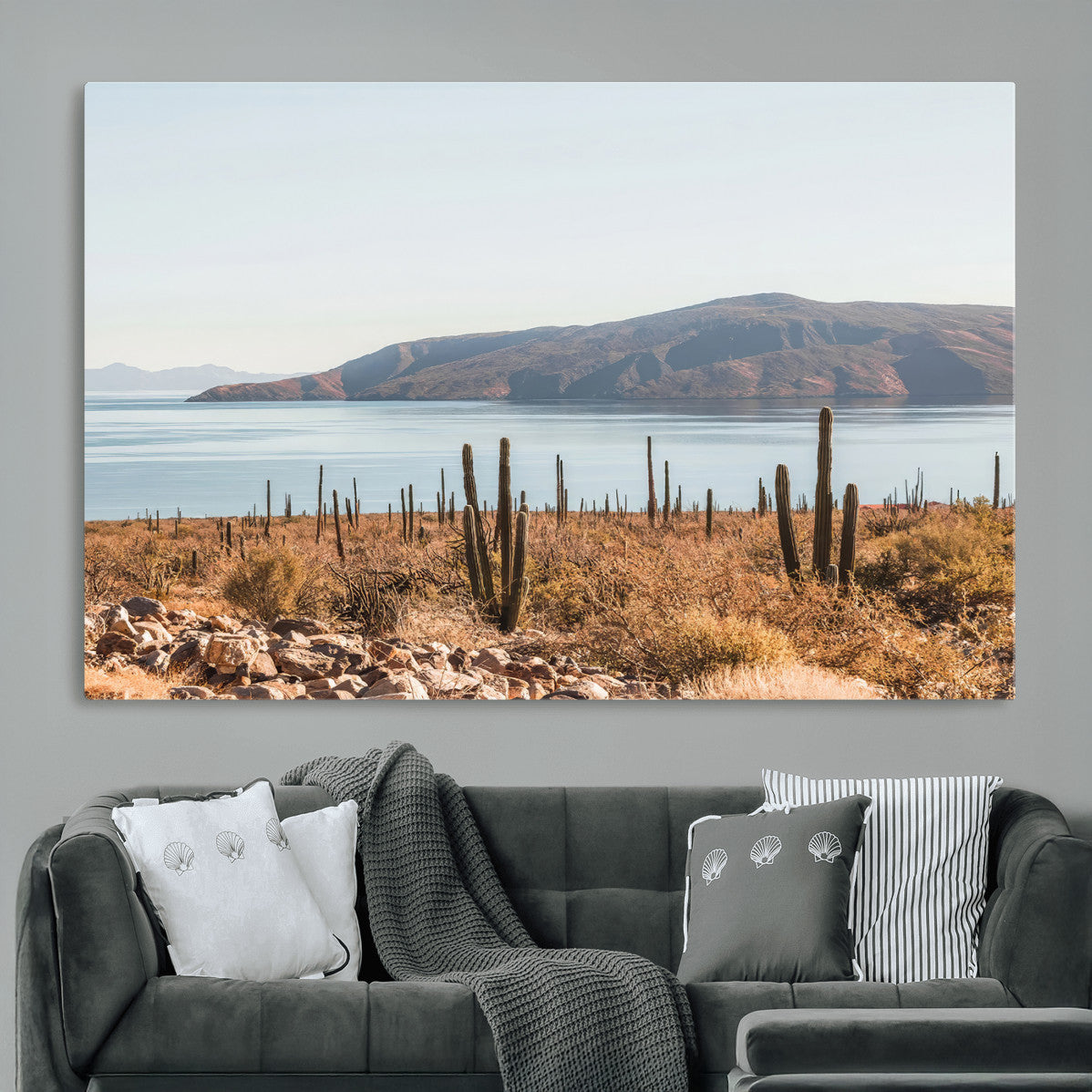 MGV-CV-36X24 - Desert Cactus Wall Art Canvas Print, Framed Baja Coastline Art Picture Print, Coastal Desert Perfect Southwestern Minimalist Decor Artwork
