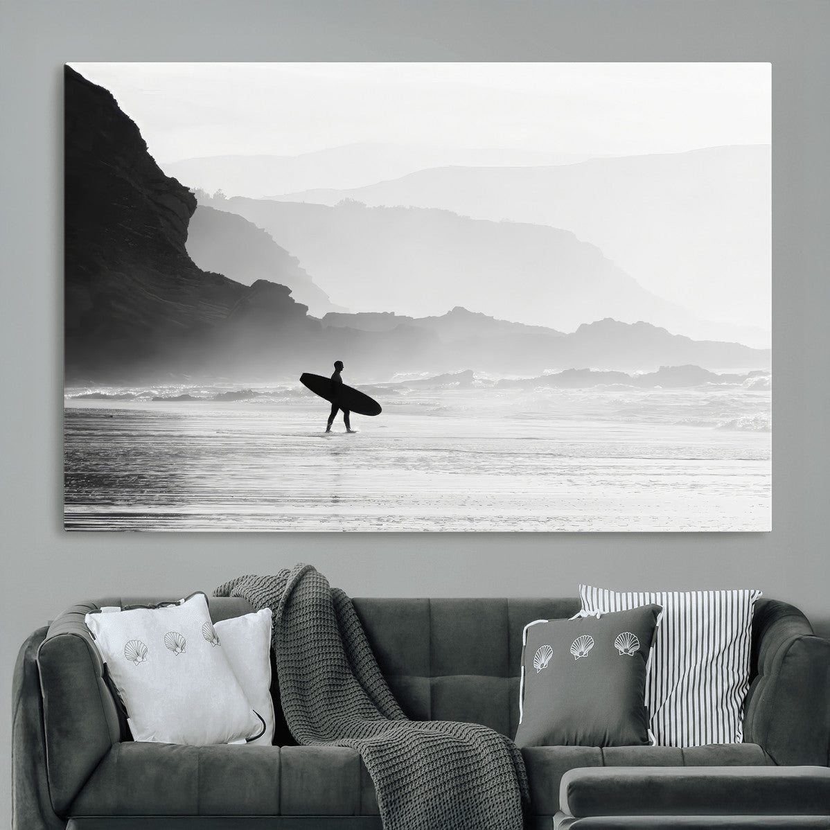 MGV-CV-36X24 - Surfer In Fog Wall Art Canvas Print, Framed Moody Shoreline Art Picture Print, Cliffside Waves Perfect Minimalist Coastal Decor Artwork