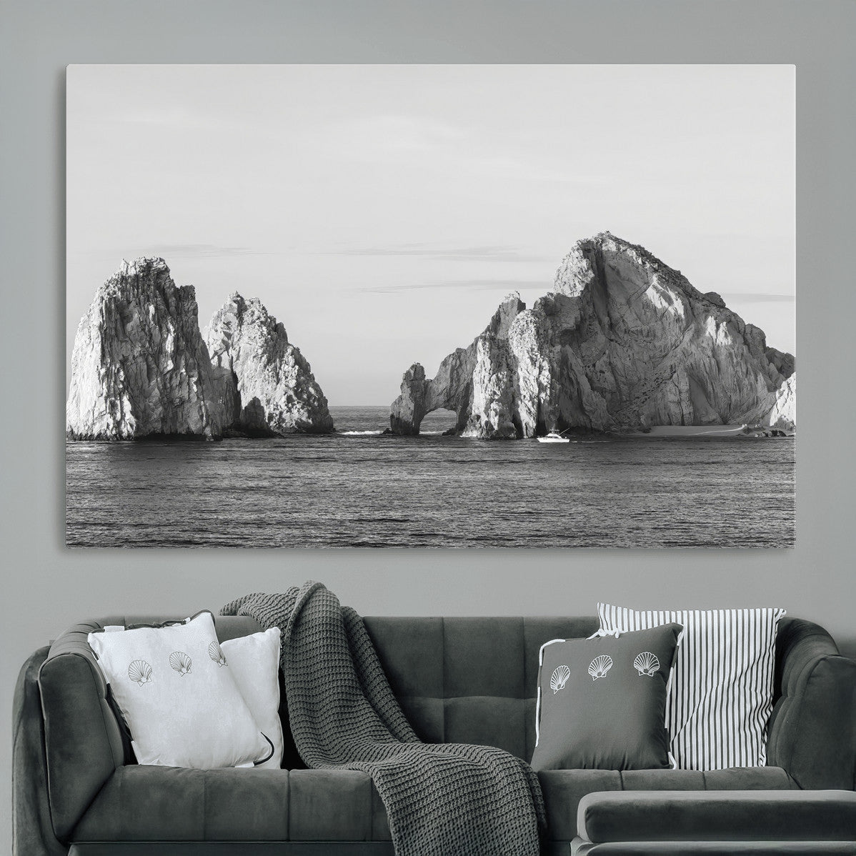 MGV-CV-36X24 - Rugged Coastline Wall Art Canvas Print, Framed Ocean Cliffs Art Picture Print, Monochrome Seascape Perfect Coastal Minimalist Decor Artwork