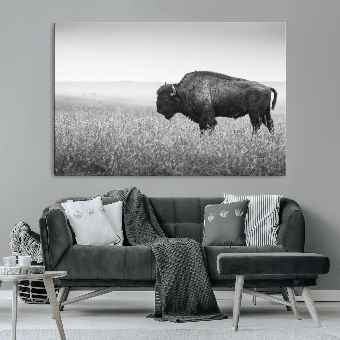 -Bison Wall Art Canvas Print – Framed Rustic Wildlife Scene with Wild Buffalo Artwork for Home, Office. Living Room