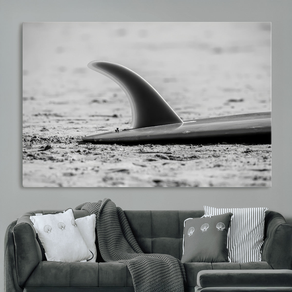 MGV-CV-36X24 - Black White Surfboard Wall Art Canvas Print, Framed Minimalist Beach Art Picture Print, Surf Fin Perfect Minimalist Coastal Decor Artwork