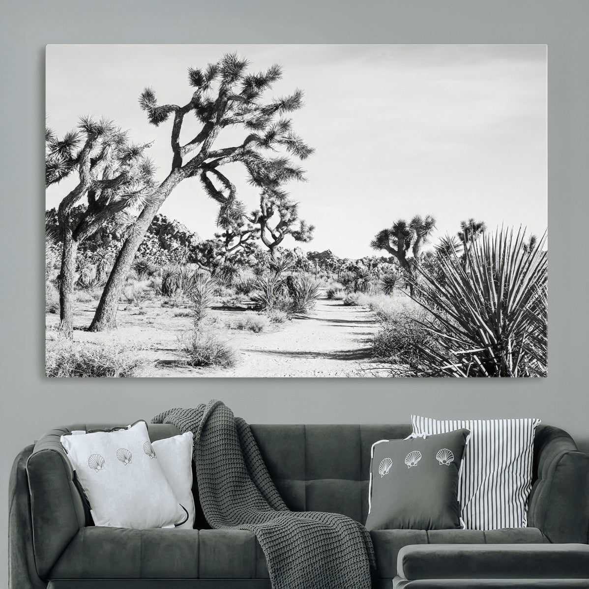 MGV-CV-36X24 - Joshua Tree Desert Wall Art – Black & White Canvas Print of Desert Landscape, Nature Serenity Decor for Guest Room, Office or Living Room