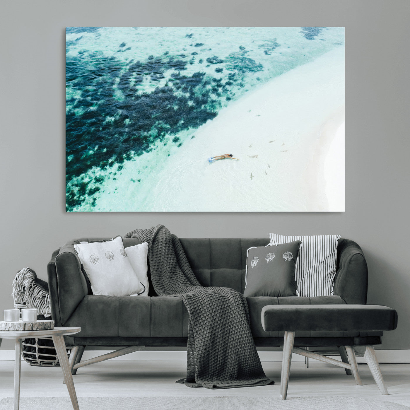 33764764-MGV-CV-36X24-Minimal Beach Wall Art – Framed Ocean Swimming Canvas Artwork, Clear Blue Sea Design, Modern Coastal Decor for Home, Office
