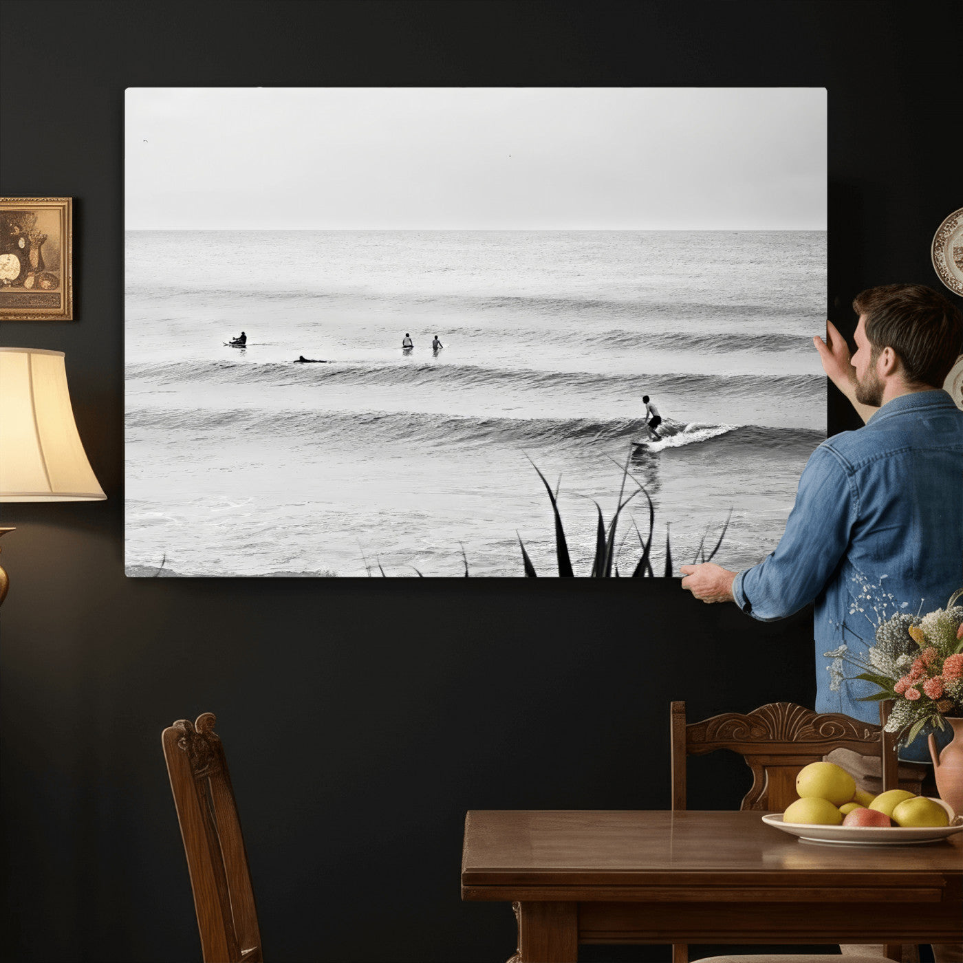 33821421-MGV-CV-36X24 - Surfer Silhouette Wall Art Canvas Print, Framed Calm Ocean Art Picture Print, Monochrome Surf Minimalist Coastal Decor Artwor