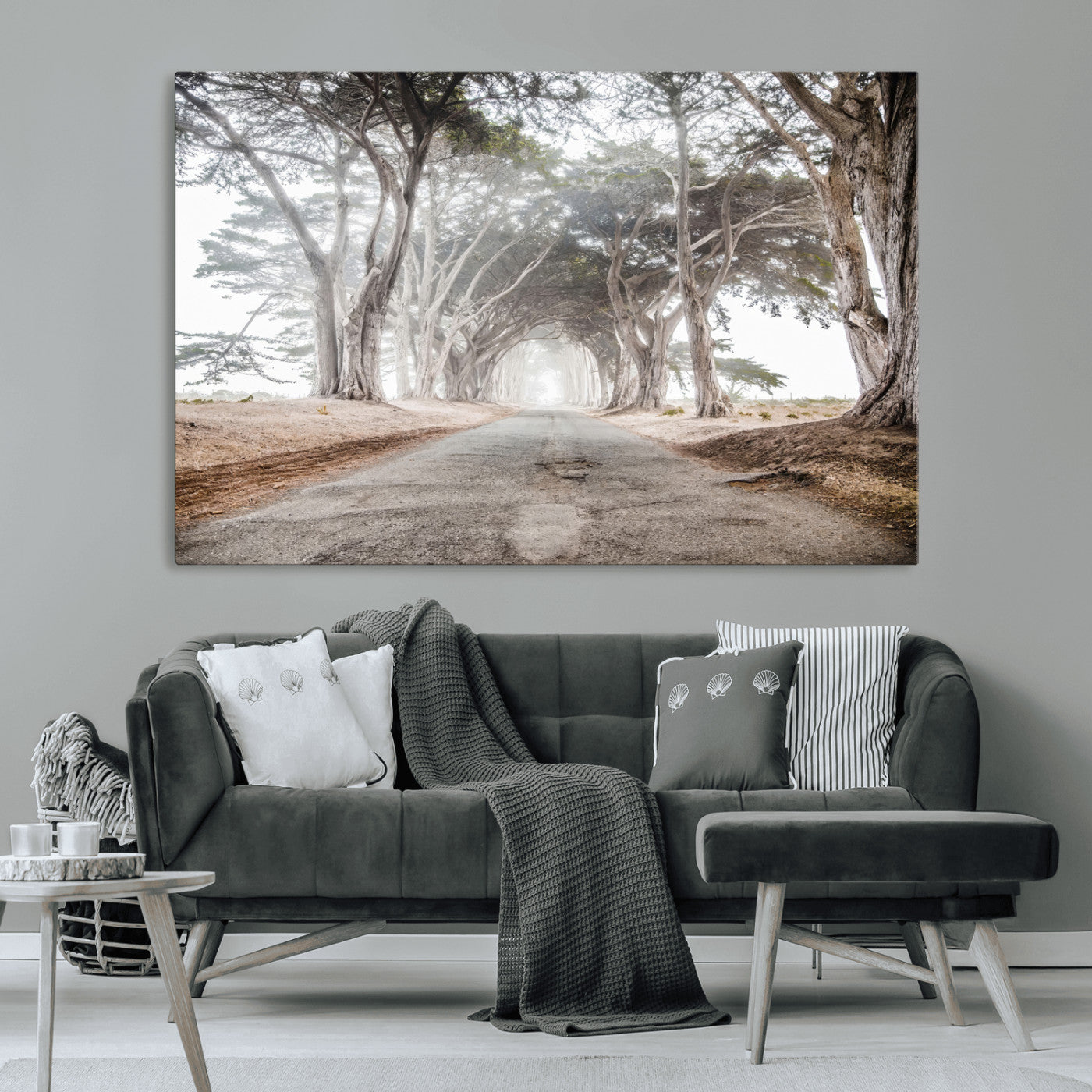 87090469-MGV-CV-36X24-Cypress Tunnel Wall Art – Framed Misty Road Canvas Artwork, Foggy Trees Design, Rustic Woodland Nature Decor for Home, Office
