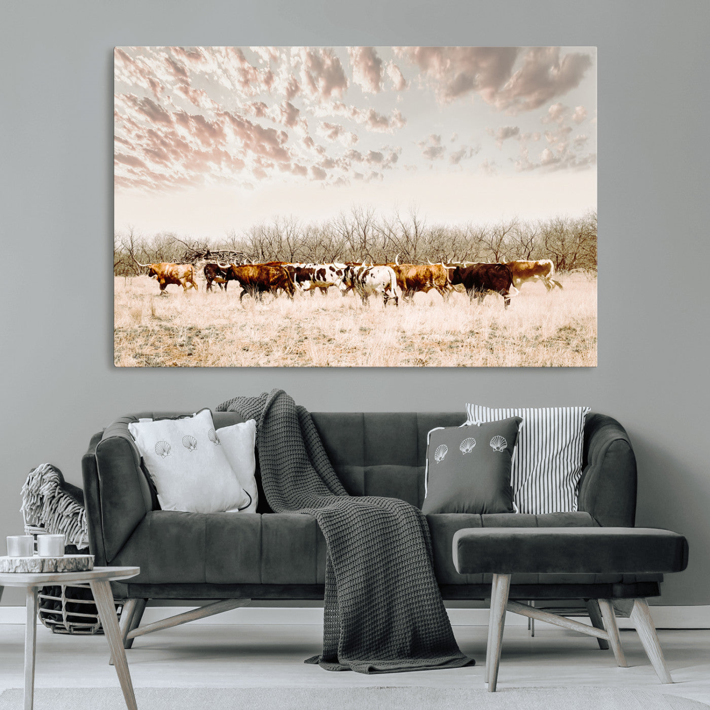64892775-MGV-CV-36X24-Longhorn Cattle Wall Art Canvas Print – Framed Texas Ranch Scene with Western Cow Artwork for Home, Office