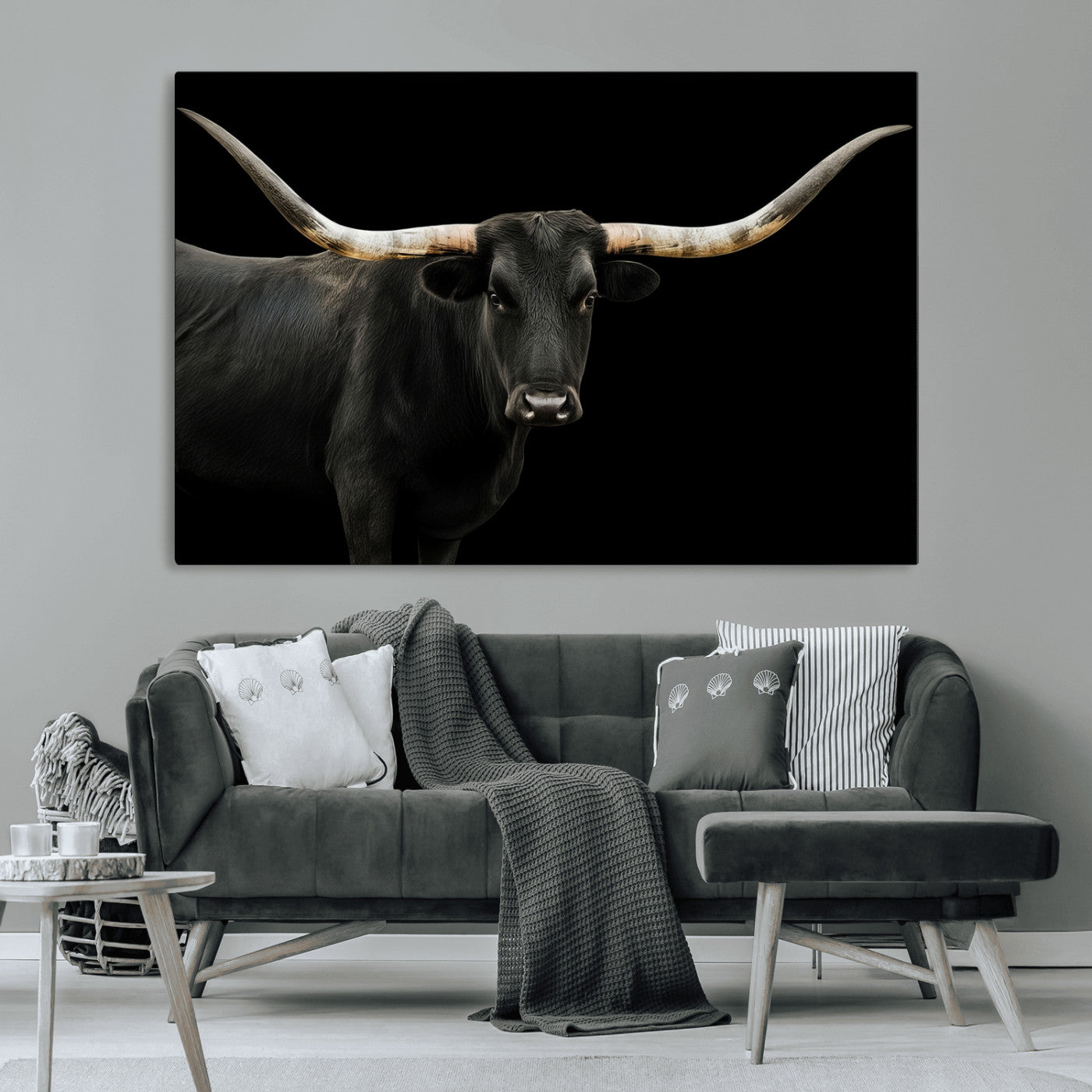 99448328-MGV-CV-36X24-Longhorn Cattle Wall Art Canvas Print – Framed Texas Ranch Scene with Western Cow Artwork for Home, Office, Living Room