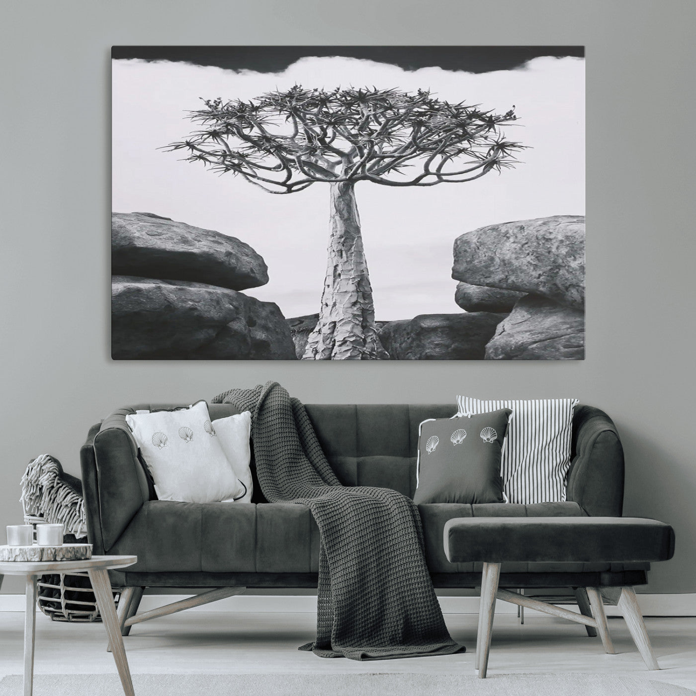 87750525-MGV-CV-36X24-Joshua Tree Wall Art Canvas Print – Framed Desert Tree Art Picture Monochrome Nature Artwork for Home, Office