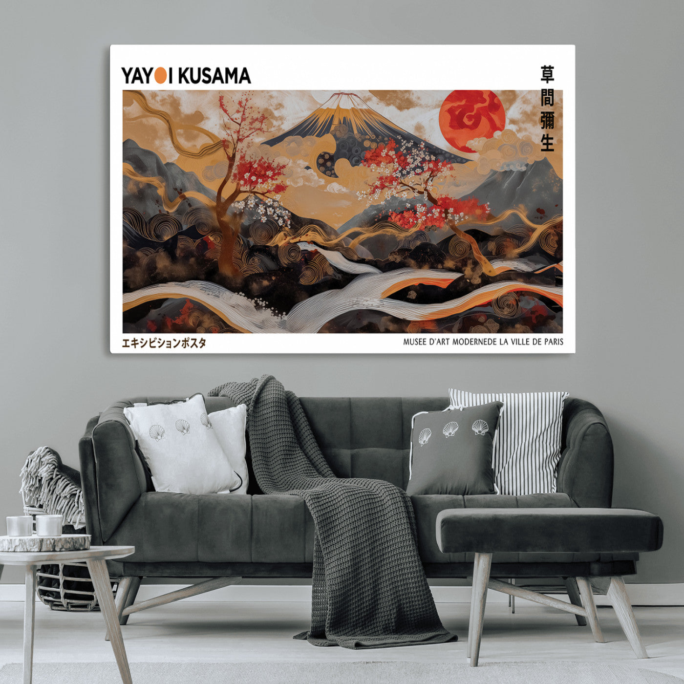 40959107-MGV-CV-36X24-Modern Japanese Wall Art Canvas Print – Framed Abstract Mount Fuji Scene Inspired Yayoi Kusama for Home, Office