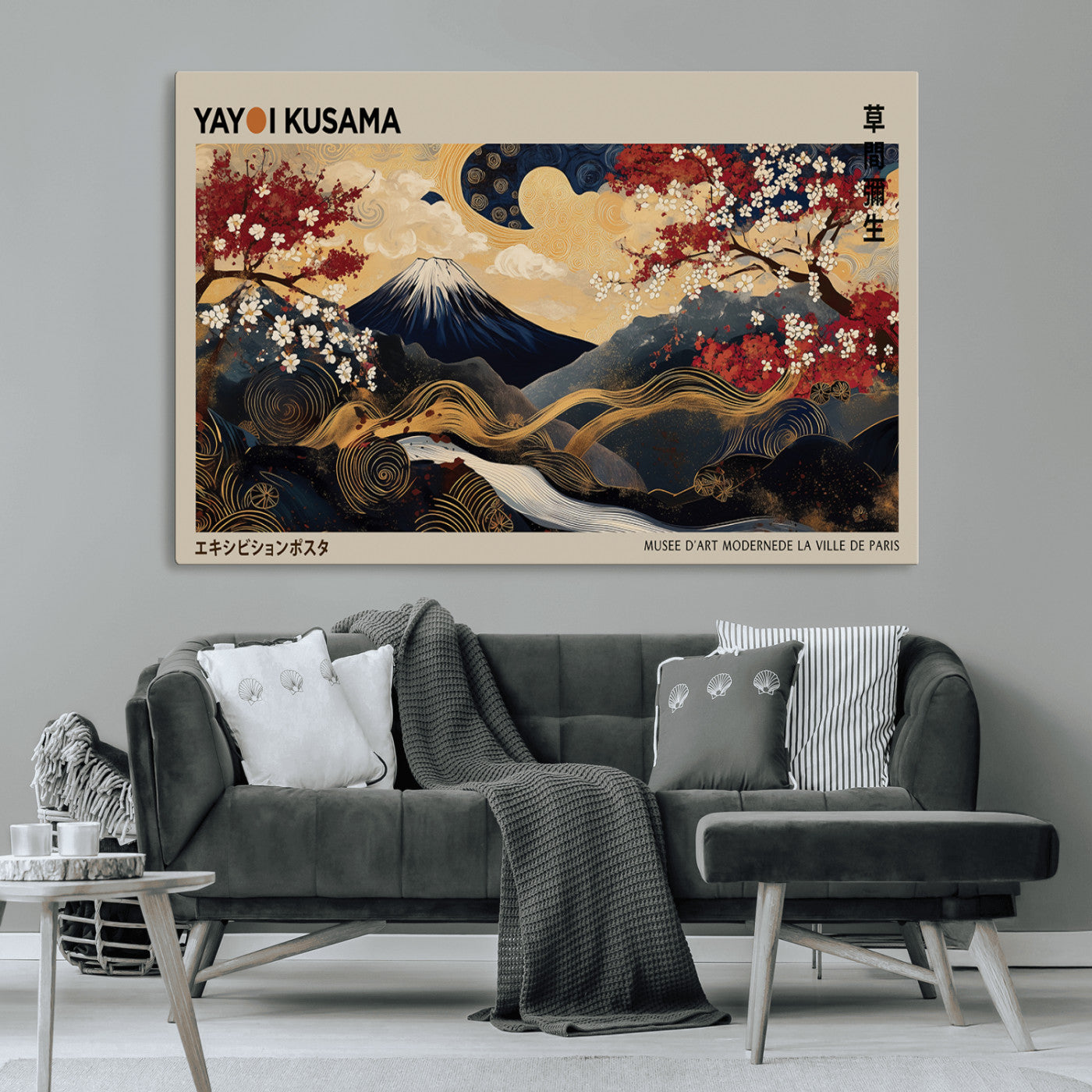 54967195-MGV-CV-36X24-Modern Japanese Wall Art Canvas Print – Framed Abstract Mount Fuji Scene with Yayoi Kusama Japanese Artwork for Home, Office