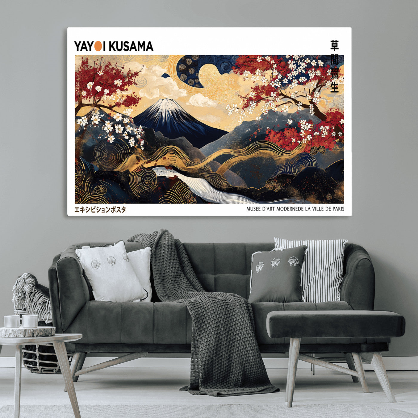 66243961-MGV-CV-36X24-Modern Mount Fuji Wall Art Canvas Print – Framed Abstract Mount Fuji Scene with Yayoi Kusama Artwork for Home, Office