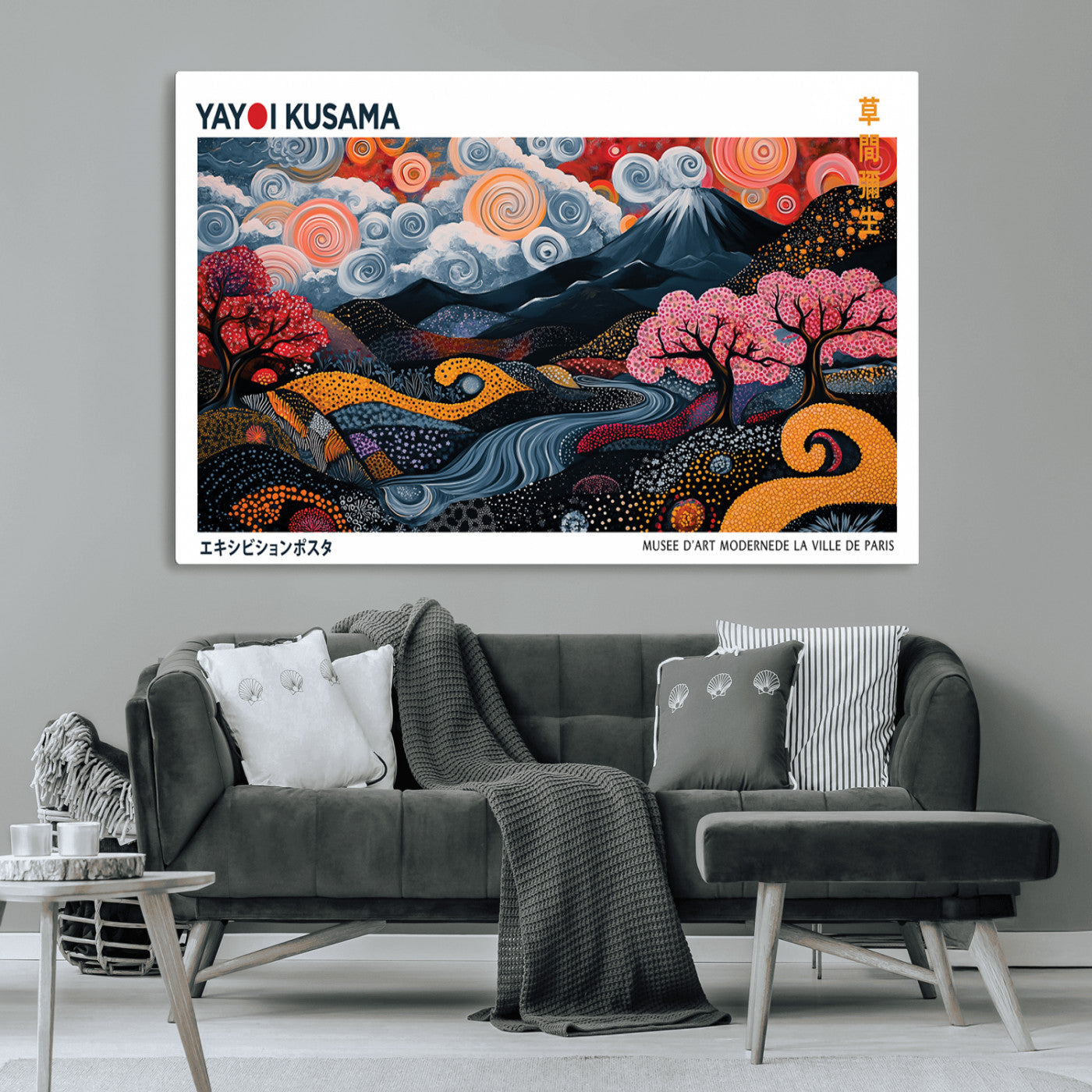 43879290-MGV-CV-36X24-Modern Japanese Wall Art Canvas Print – Framed Abstract Mount Fuji Scene with Yayoi Kusama Artwork for Home, Office