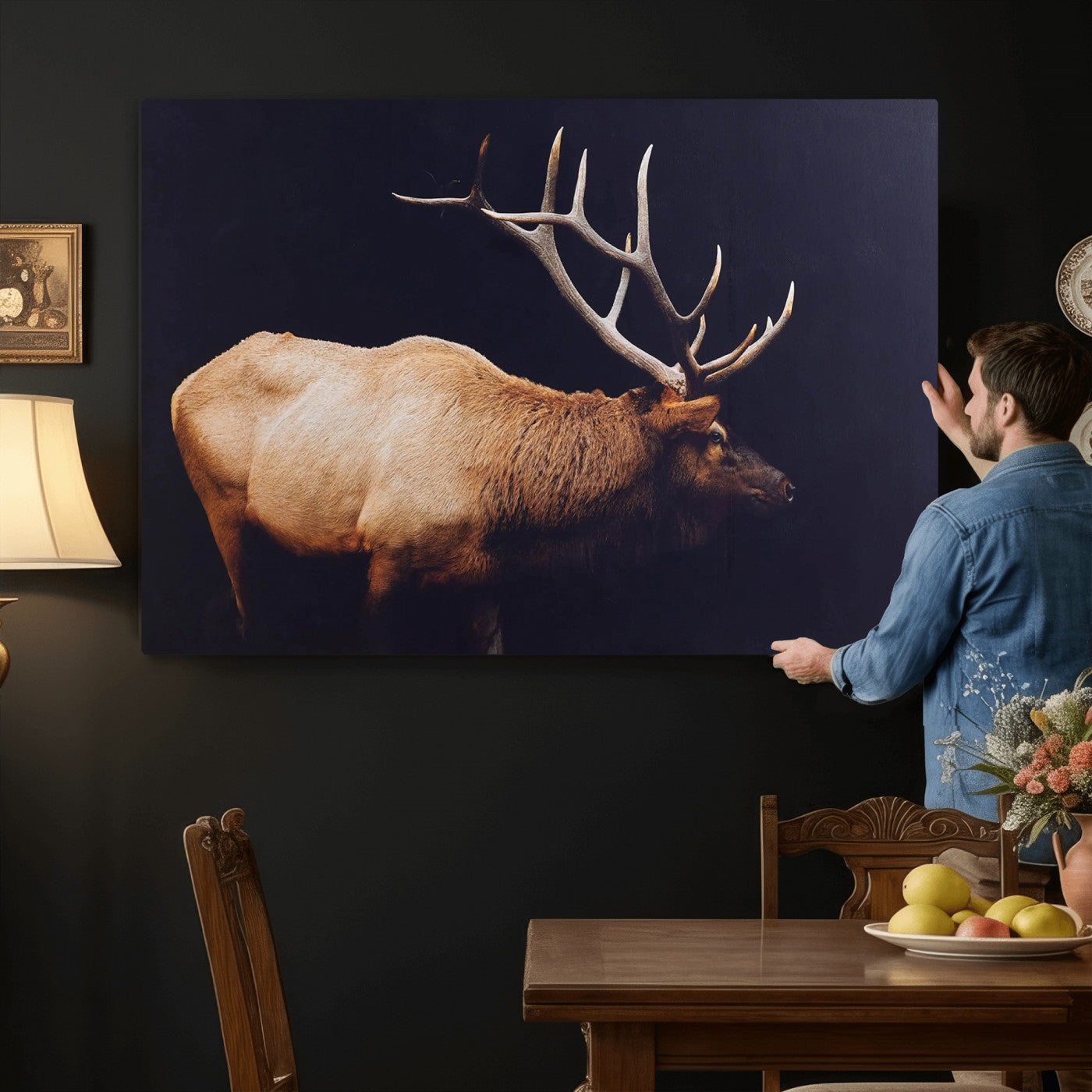 89239257-MGV-CV-36X24 - Rustic Elk Wall Art Canvas Print – Framed Moody Wildlife Art Picture Western Animal Artwork for Home, Office Decor