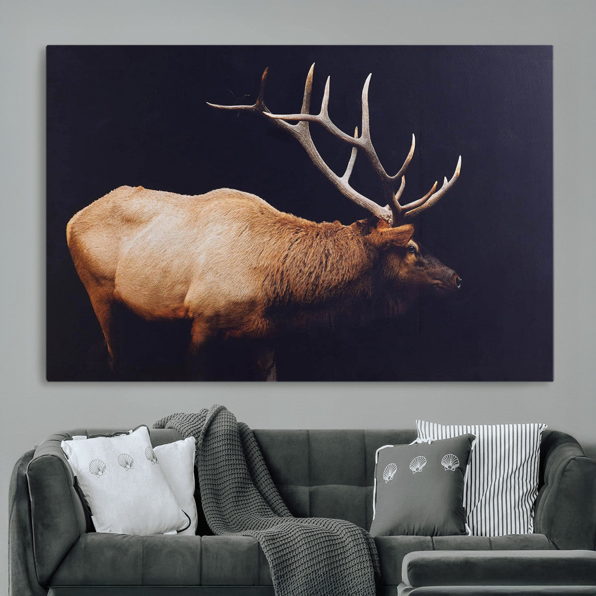 89239257-MGV-CV-36X24 - Rustic Elk Wall Art Canvas Print – Framed Moody Wildlife Art Picture Western Animal Artwork for Home, Office