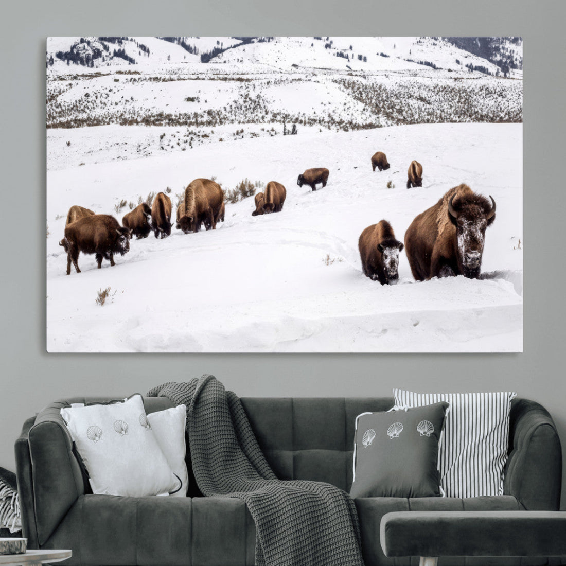 Bison Herd Wall Art Canvas Print, Framed Western Wildlife Decor, Snowy Mountain Valley