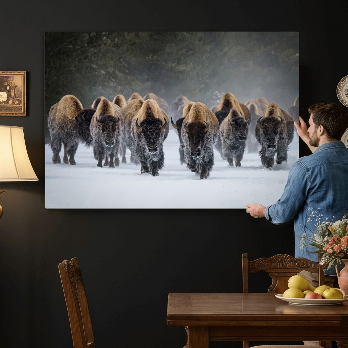 41669135-MGV-CV-36X24 - Winter Bison Herd Wall Art – Majestic Buffalo Charge Canvas Print with Snow Covered Plains, Rustic Wildlife Strength and Untamed Nature Decor for Home and Office
