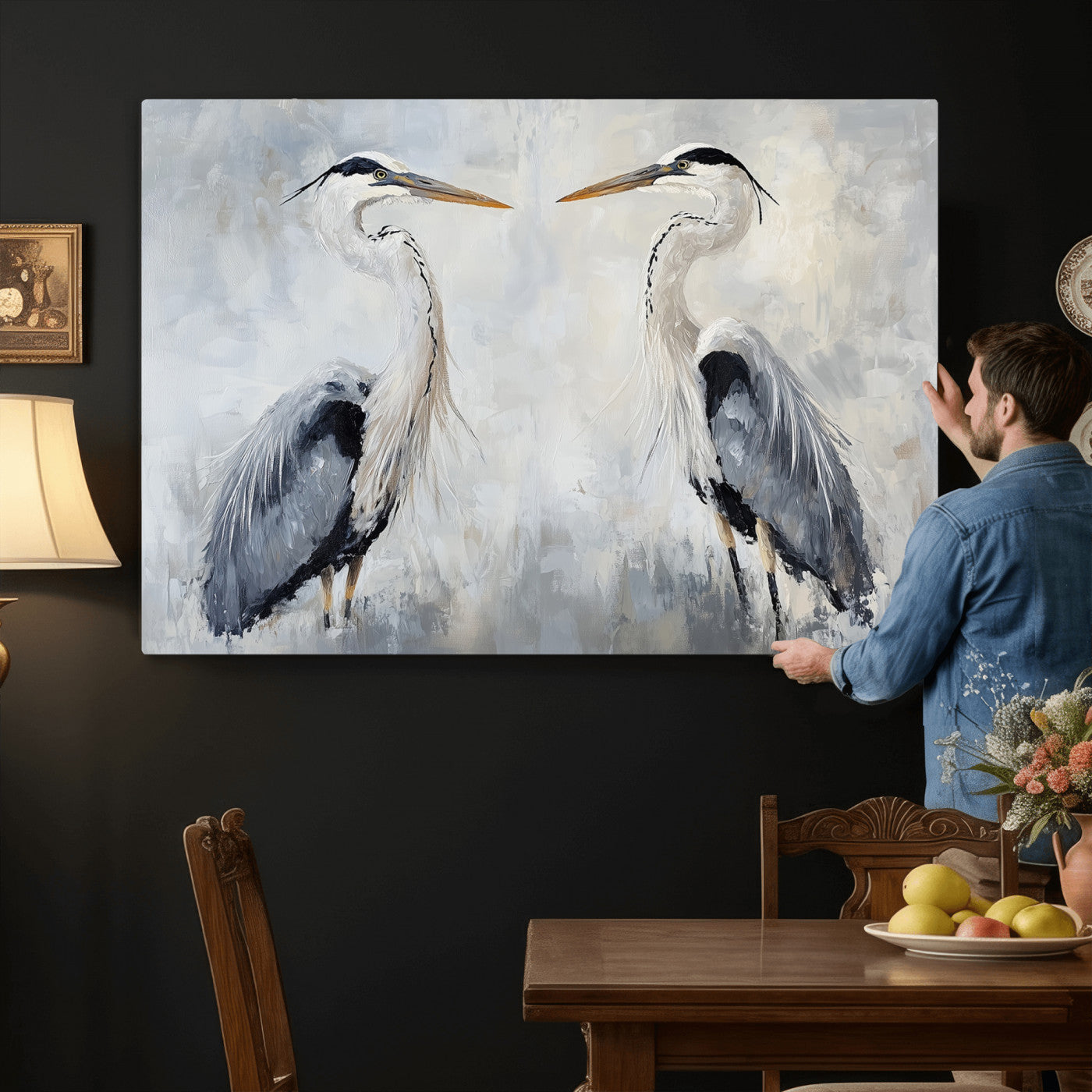 90806932-MGV-CV-36X24 - Heron Wall Art Wall Art Canvas Print, Framed Bird Canvas Decor Art Picture Print, Nature Inspired Perfect Coastal Minimalist Decor Artwork