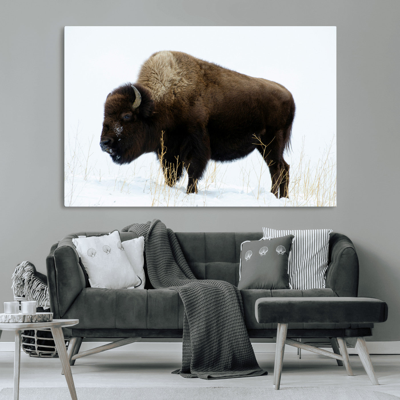 76778120-MGV-CV-36X24-Bison Wall Art Canvas Print – Framed Western Wildlife Buffalo Snow Rustic Nature Scene Artwork for Home Office