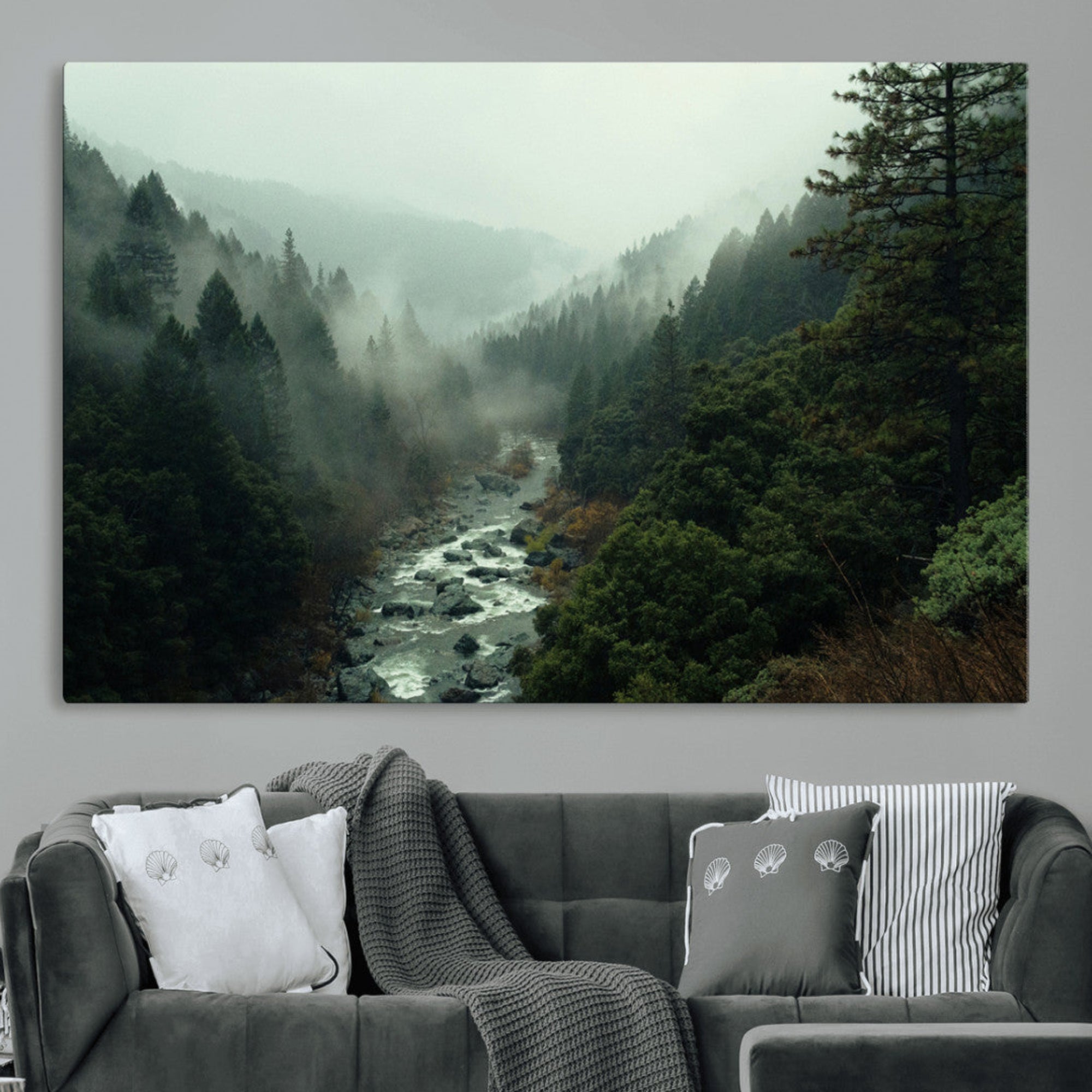 48497565-MGV-CV-36X24-Misty Forest Wall Art Canvas Print – Framed Foggy River Moody Landscape Wilderness Nature Scene Artwork for Home Office