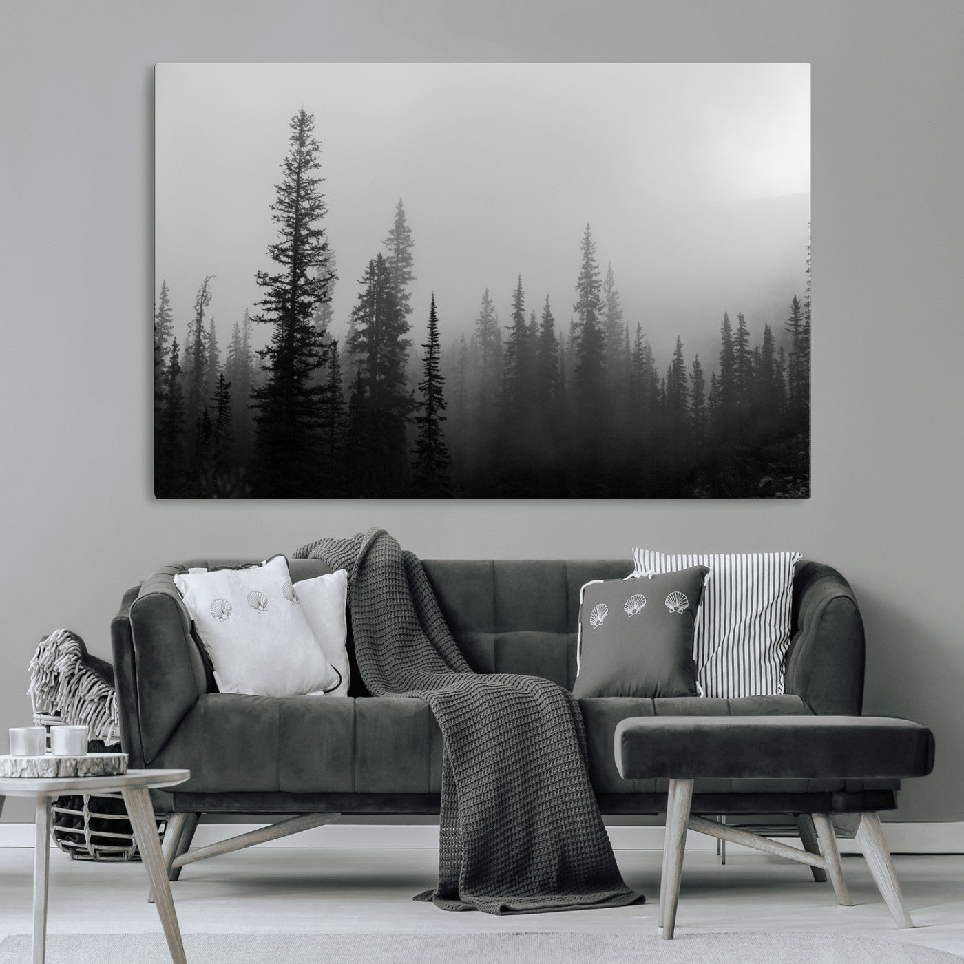 73138900-MGV-CV-36X24-Misty Pines Wall Art Canvas Print – Framed Woodland Minimalist Rustic Nature Scene Photography Artwork for Home Office