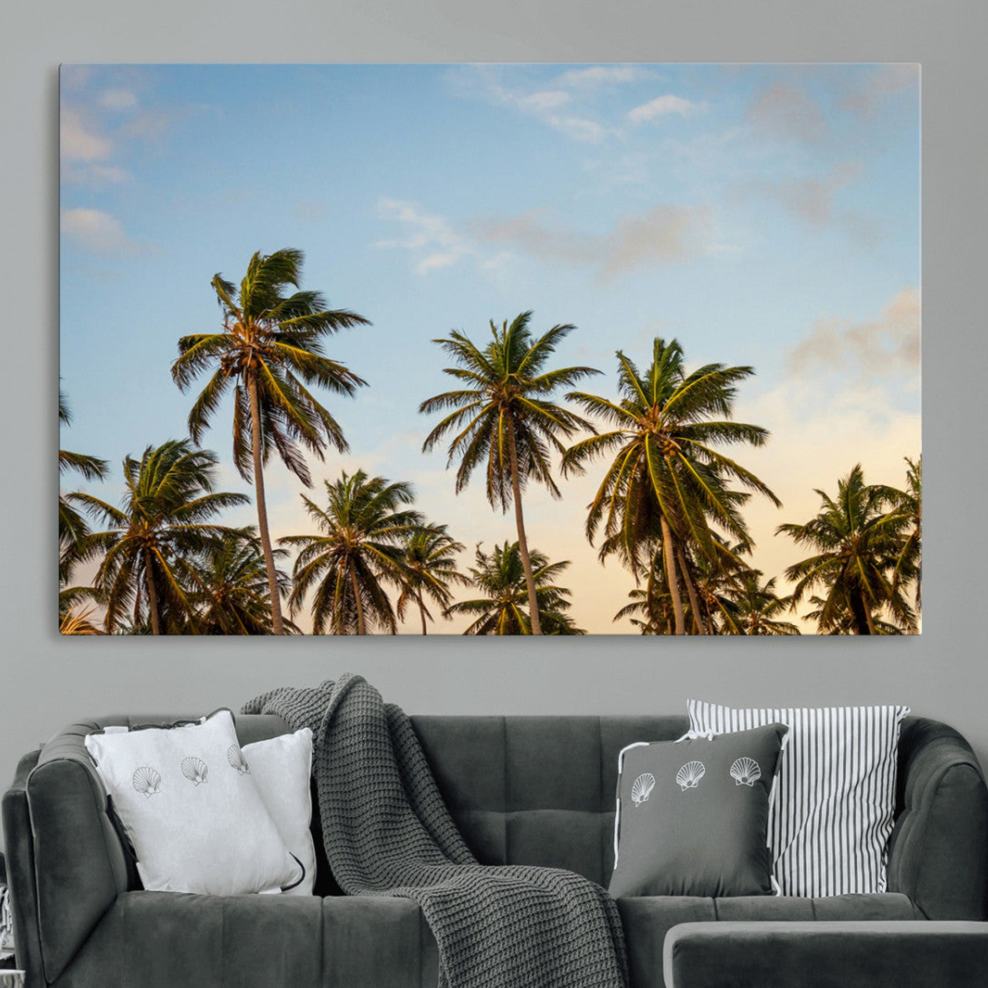 -Palm Trees Wall Art Canvas Print – Framed Tropical Vibes Coastal Sunset Boho Nature Scene Artwork for Home Office