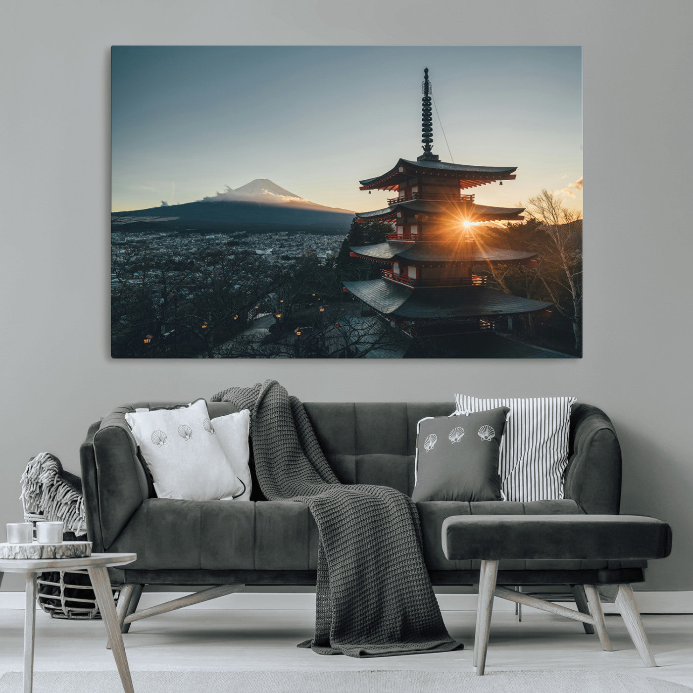 Chureito Pagoda at sunset with Mount Fuji in the background, city lights below, and golden sun rays, ideal for Japanese-inspired wall art.