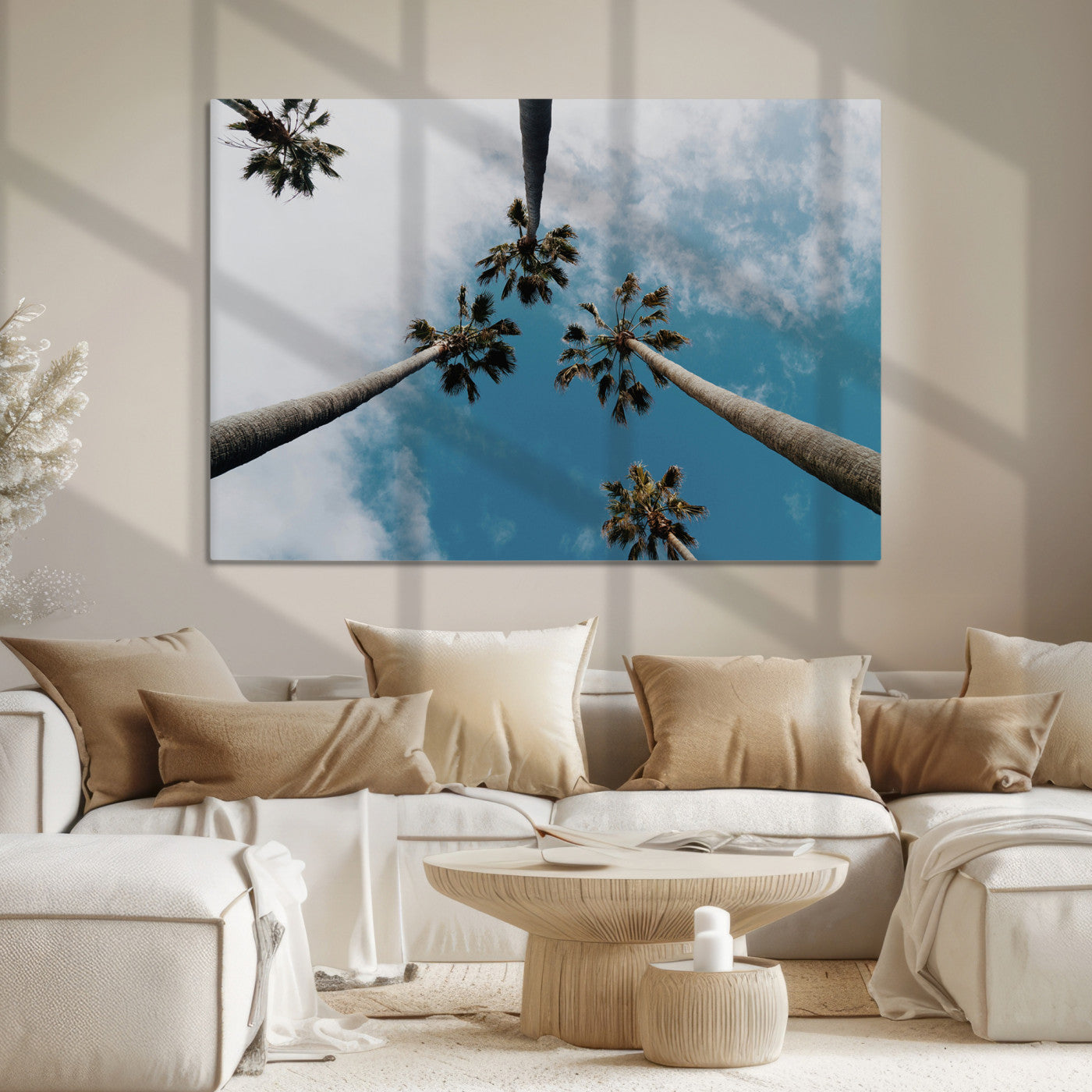 45236398-MGV-CV-36X24-Tropical Palm Trees Wall Art Canvas Print – Framed California Sky Minimalist Nature Scene Artwork for Home Office