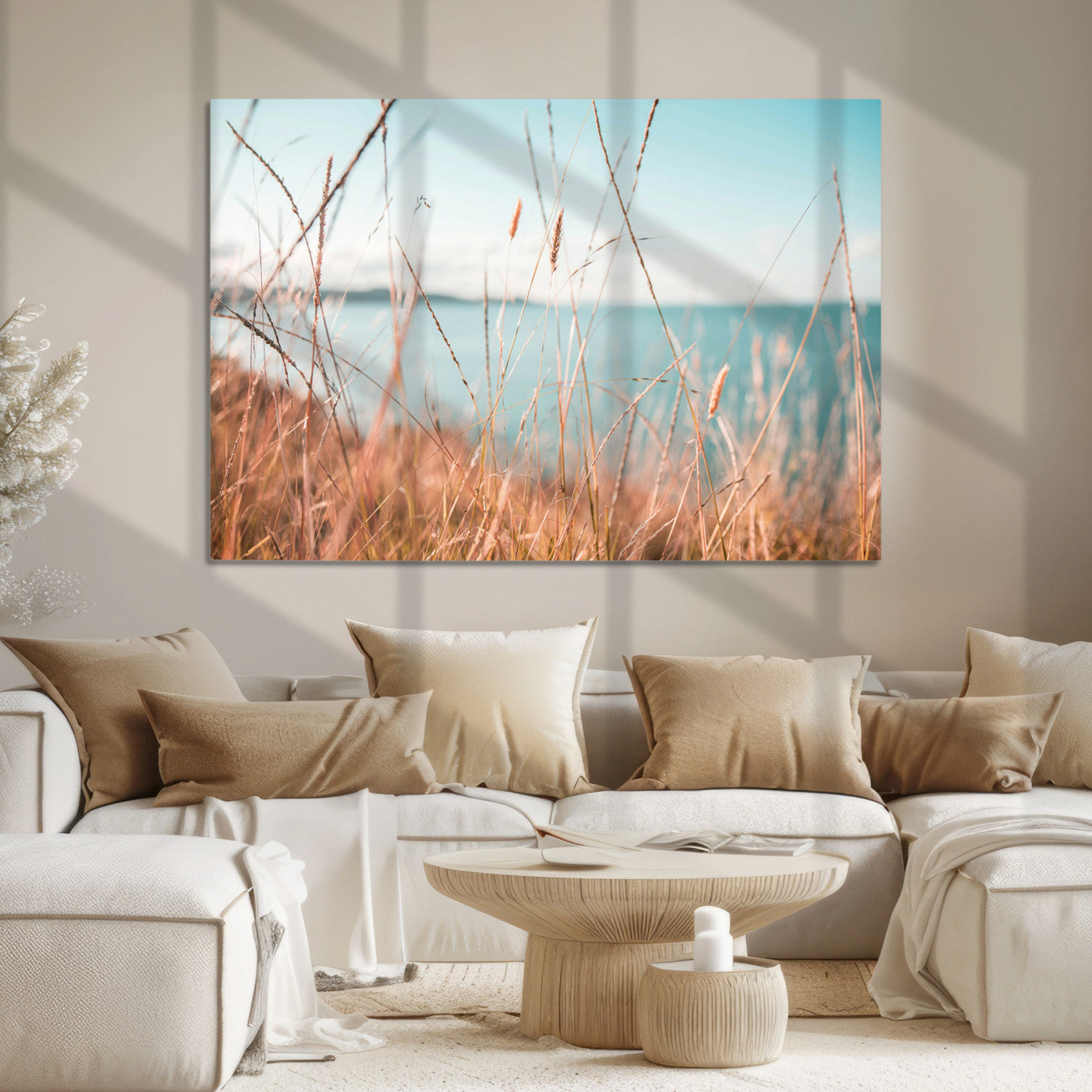36108696-MGV-CV-36X24-Coastal Grass Landscape Wall Art Canvas Print – Golden Shoreline Nature Scene Serene Ocean View Artwork for Home Office