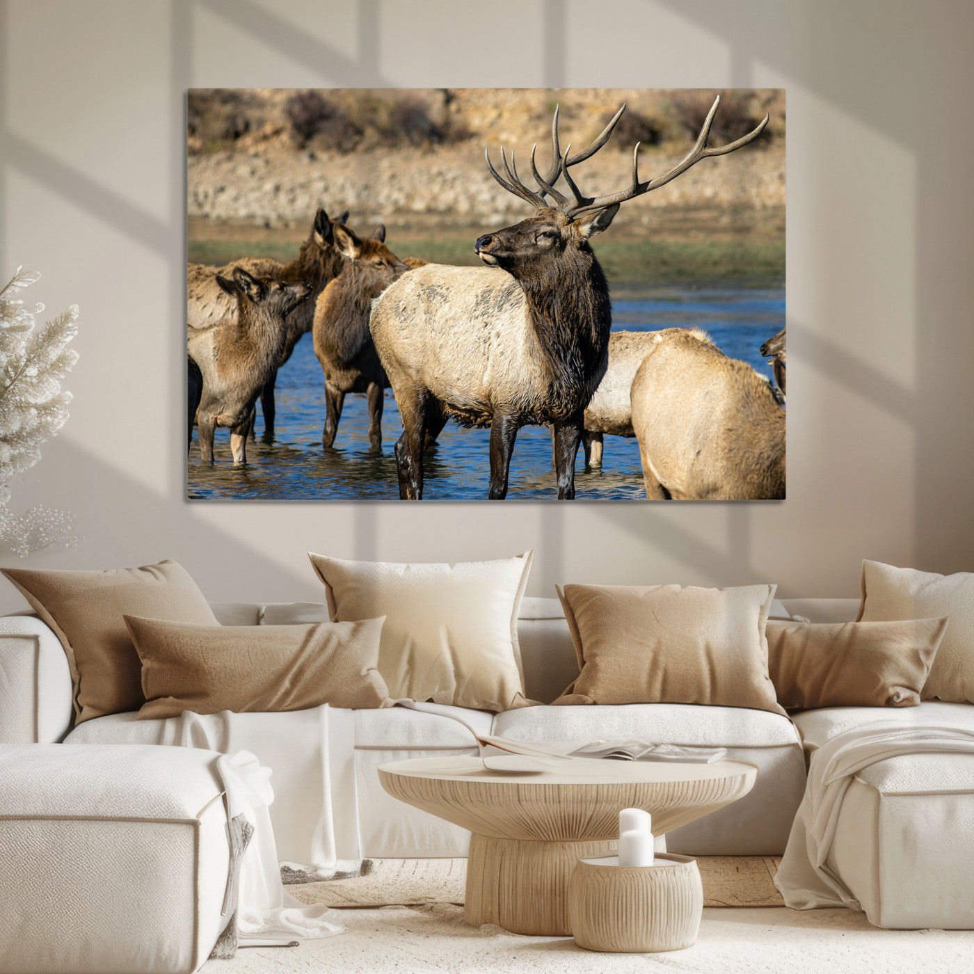 -Wild Elk Wall Art Canvas Print – Framed Neutral Wildlife Rustic Forest Scene Photography Artwork for Home Office