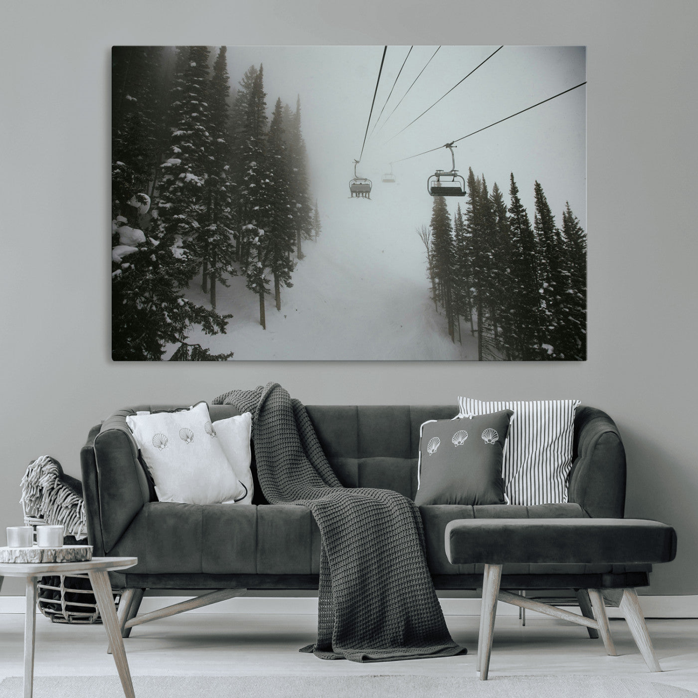 -Ski Lift Wall Art Canvas Print – Snowy Pines Misty Landscape Winter Serenity Artwork for Home, Office Decor